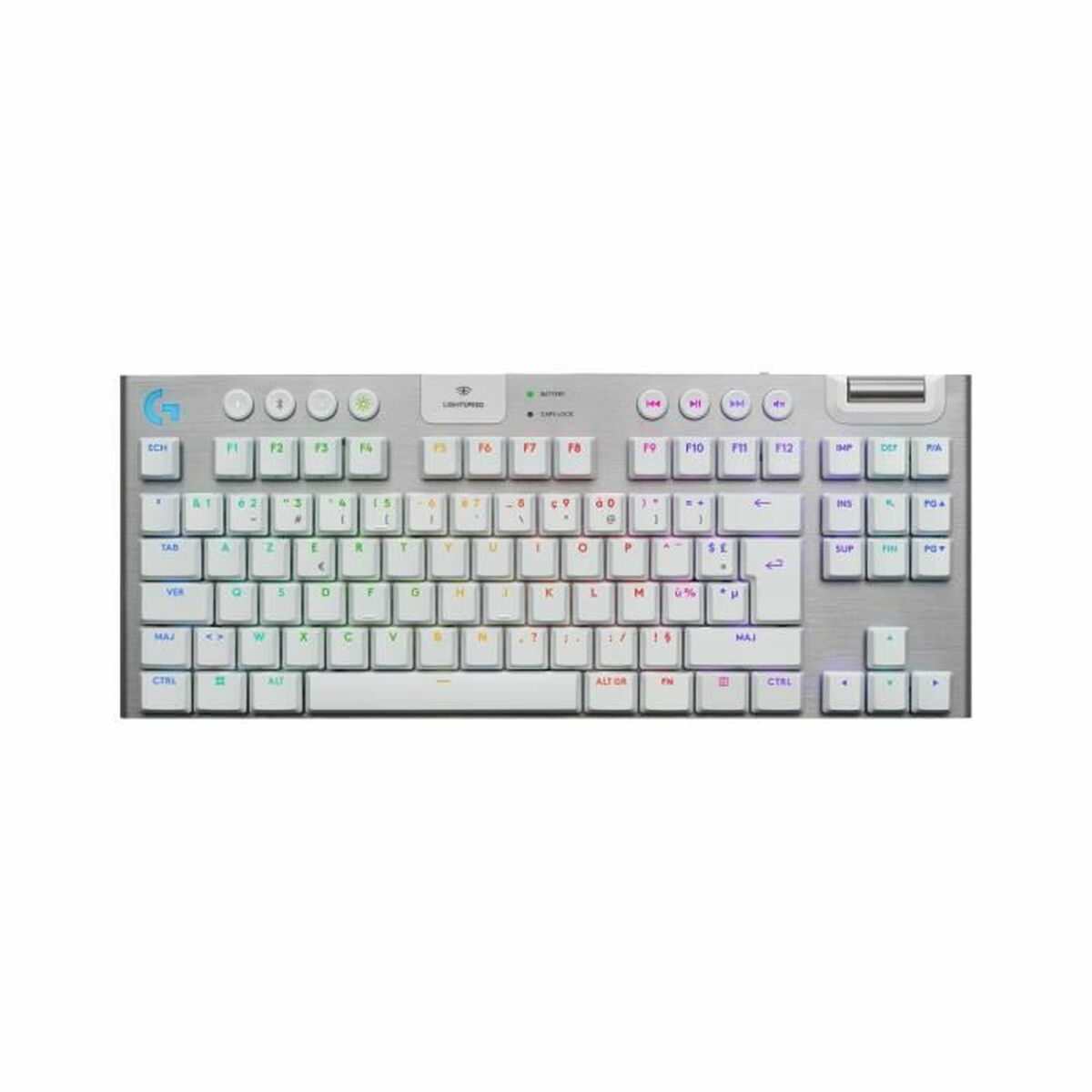 Graue mechanische Tastatur mit weißen Tasten und RGB-Beleuchtung.