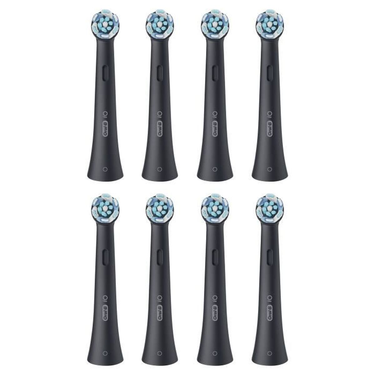 Acht schwarze Oral-B iO Aufsteckbürsten mit blauen und weißen Borsten nebeneinander.