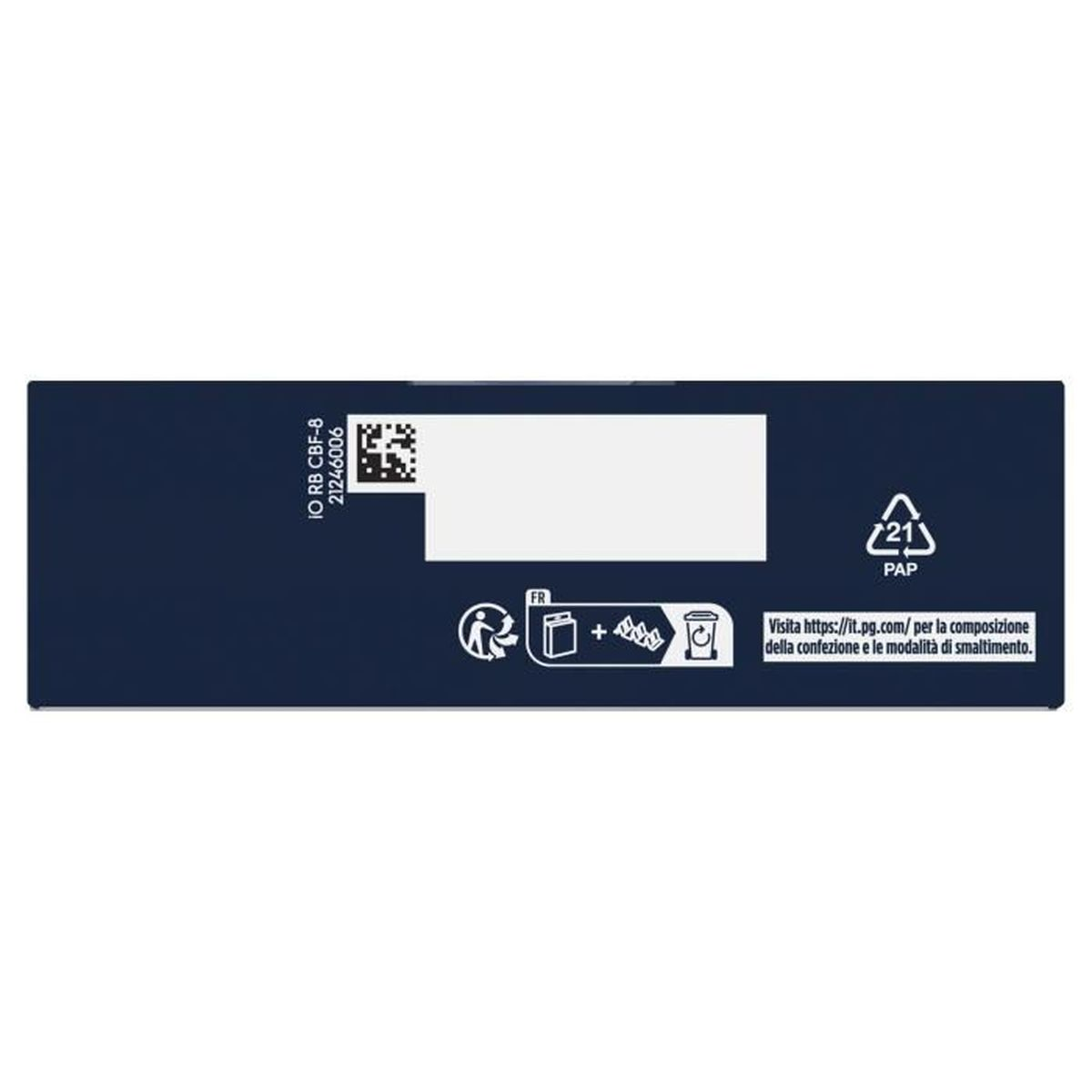Dunkelblaue Verpackung mit Codes, Recycling-Symbolen und Webadresse.