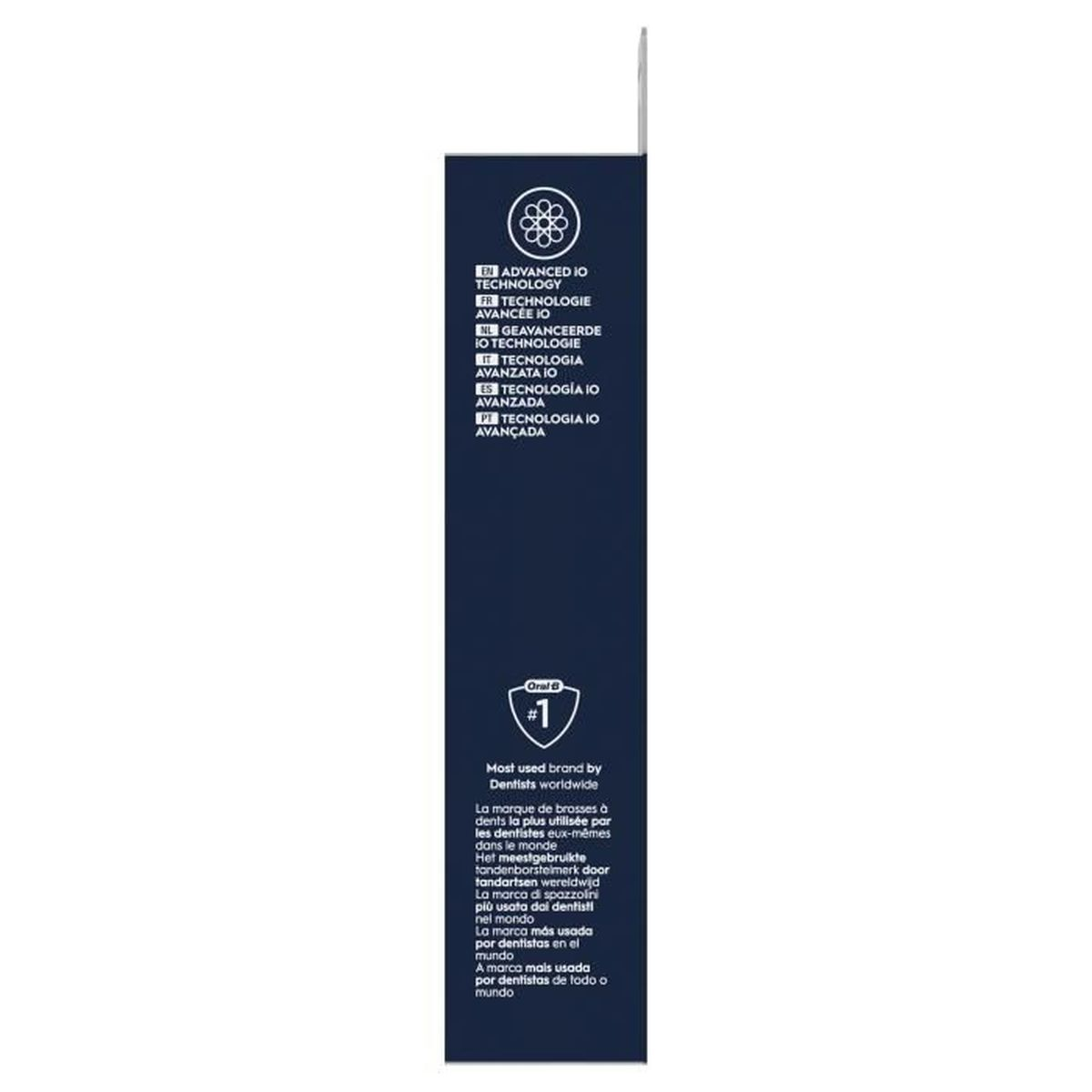 Dunkelblaue Verpackung mit Text über fortschrittliche Technologie und Zahnbürsten von Oral-B.