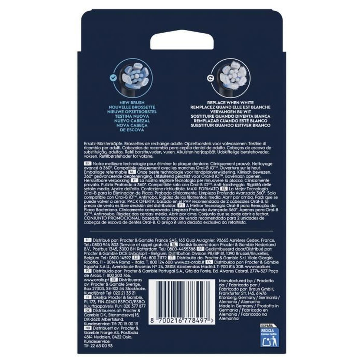 Packung mit zwei Oral-B Zahnbürstenköpfen, weiß und blau, mit Text.