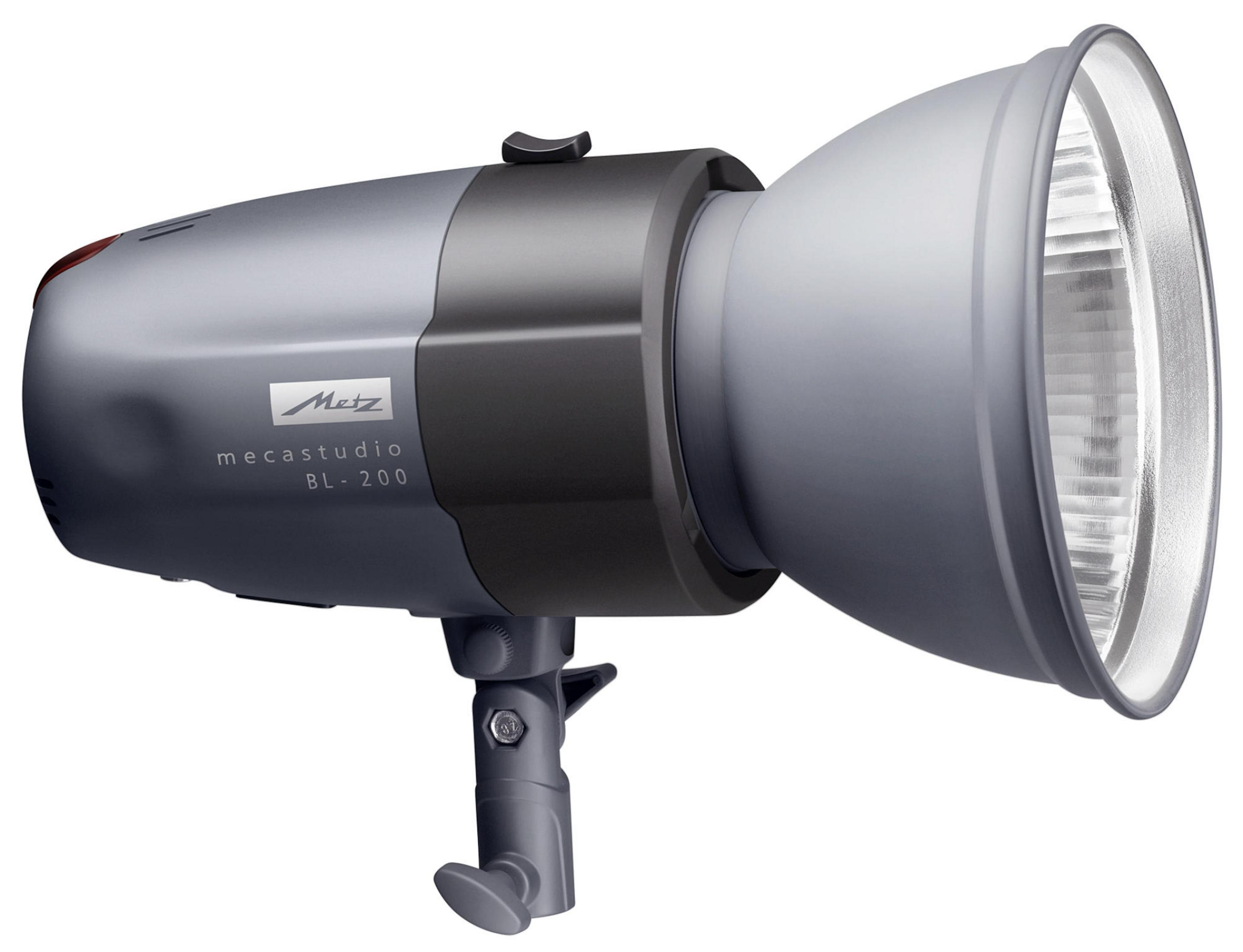 Gray studio flash with black handle and reflector.