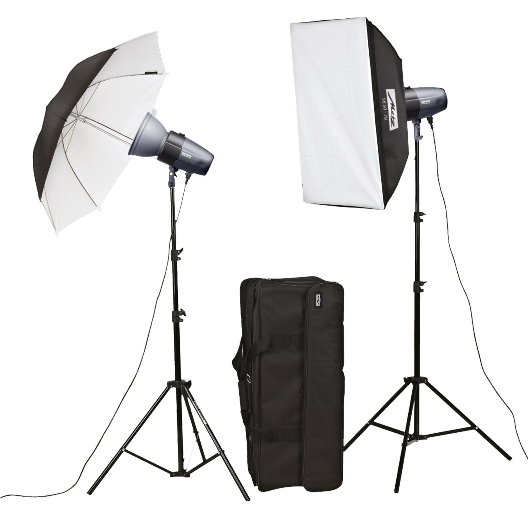 Two studio strobes with a softbox and umbrella, next to a black bag.