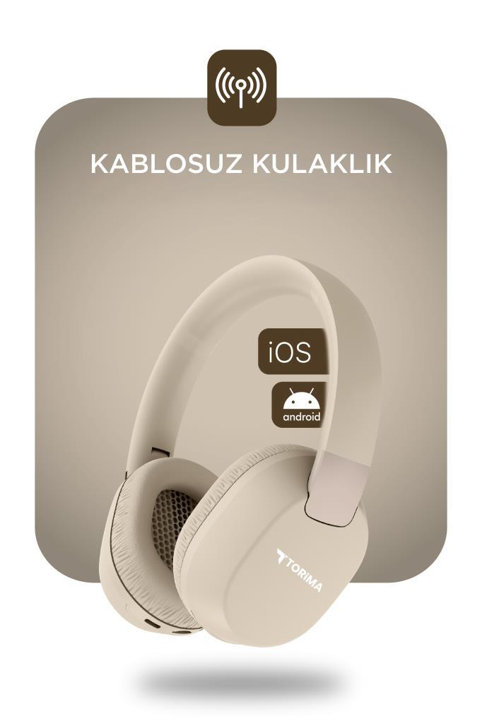 iOS ve Android simgeli bej kablosuz kulaklık.