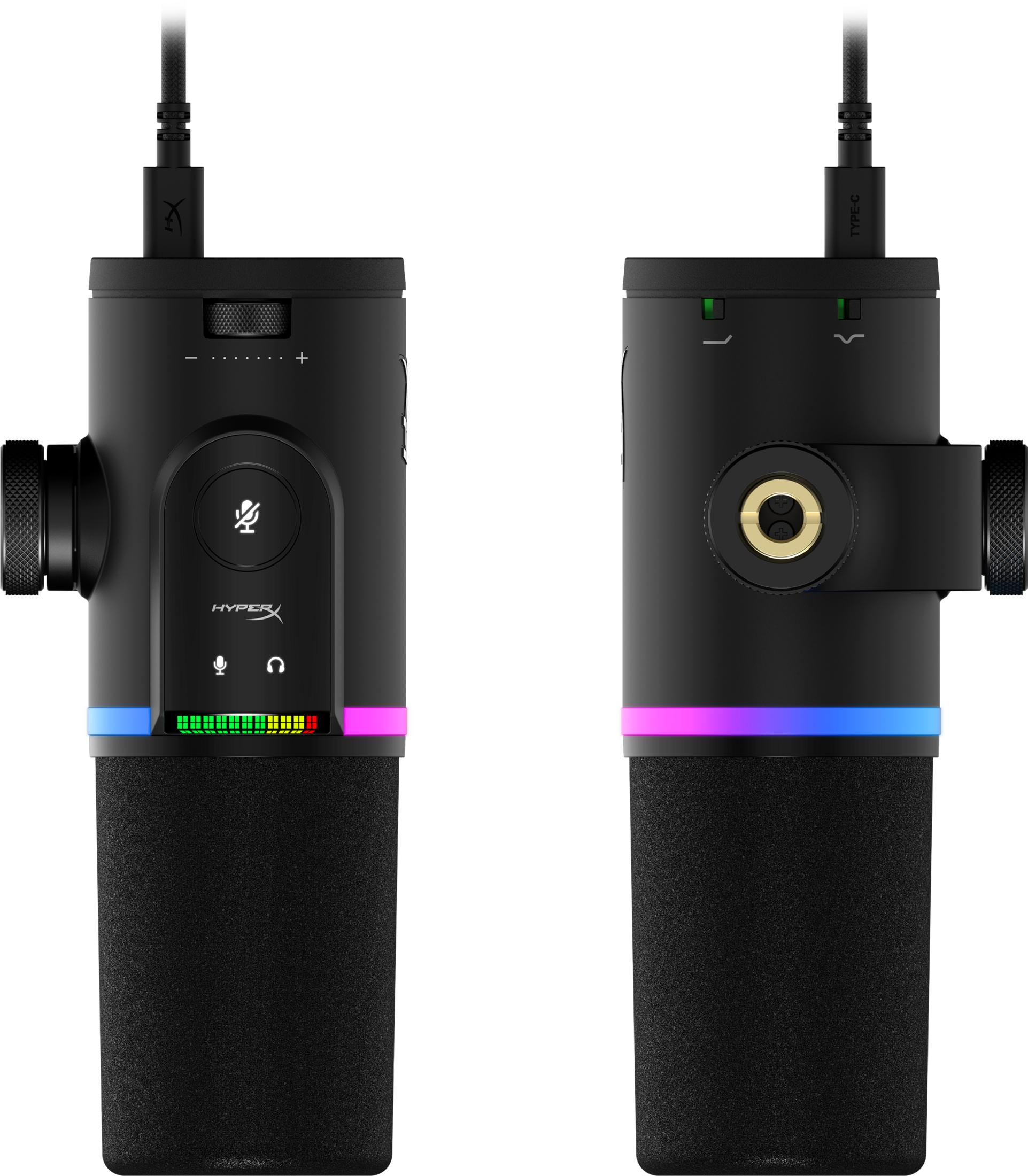 Zwei Ansichten eines schwarzen Mikrofons mit RGB-Beleuchtung und Kabel.