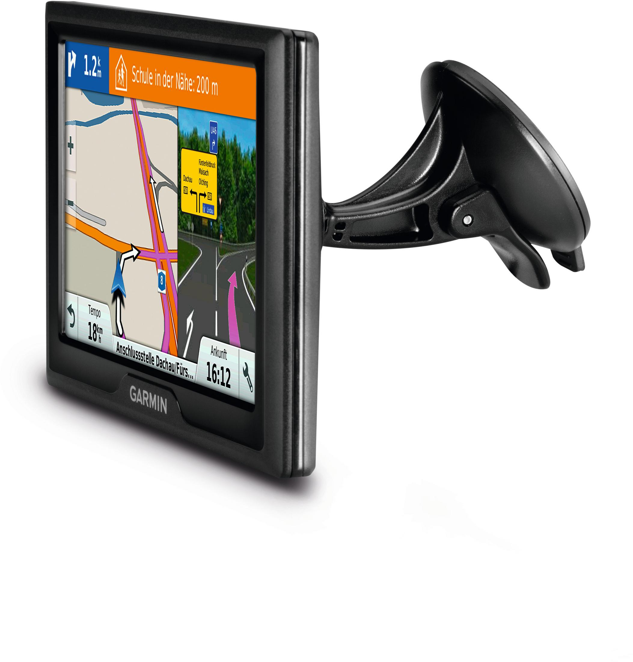 Garmin Navigationsgerät mit Karte, zeigt Schule 200m entfernt, Geschwindigkeit 18km/h.