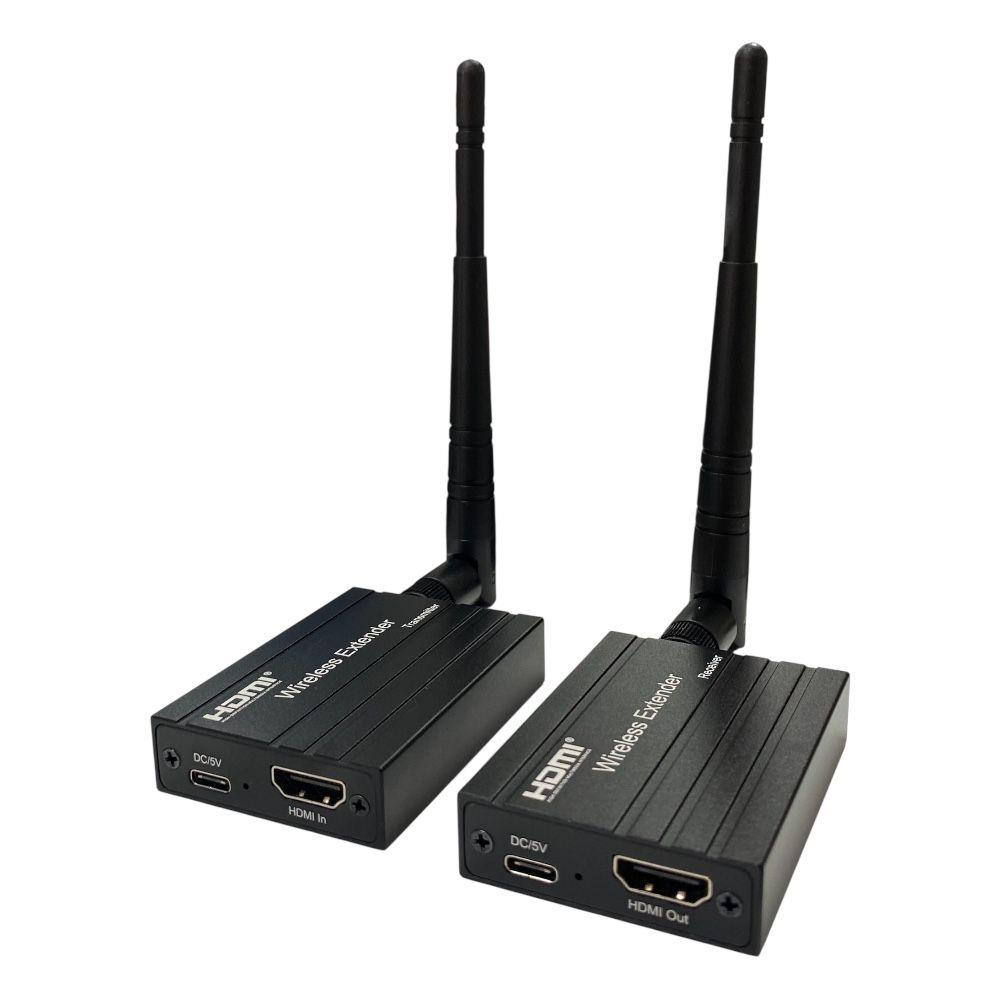 Antenli iki siyah HDMI kablosuz genişletici, Verici ve Alıcı olarak etiketlenmiş.