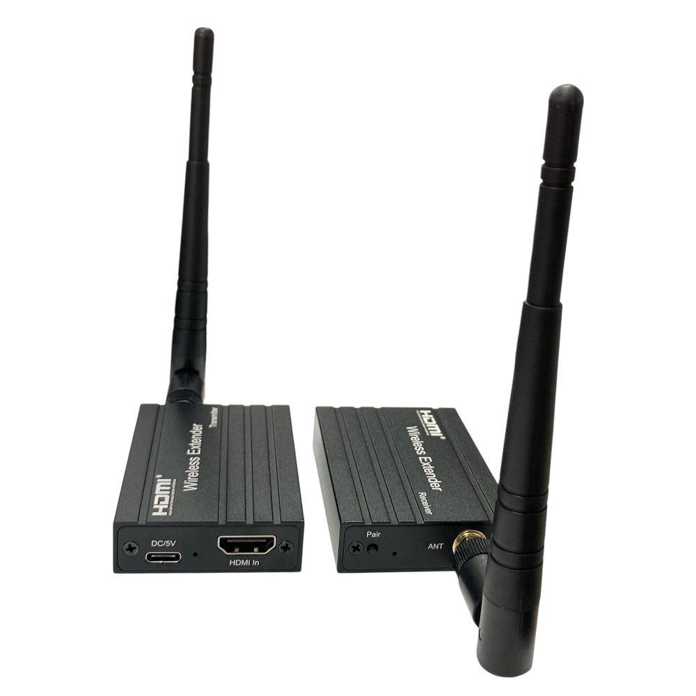 Antenli iki siyah HDMI kablosuz genişletici, verici ve alıcı.