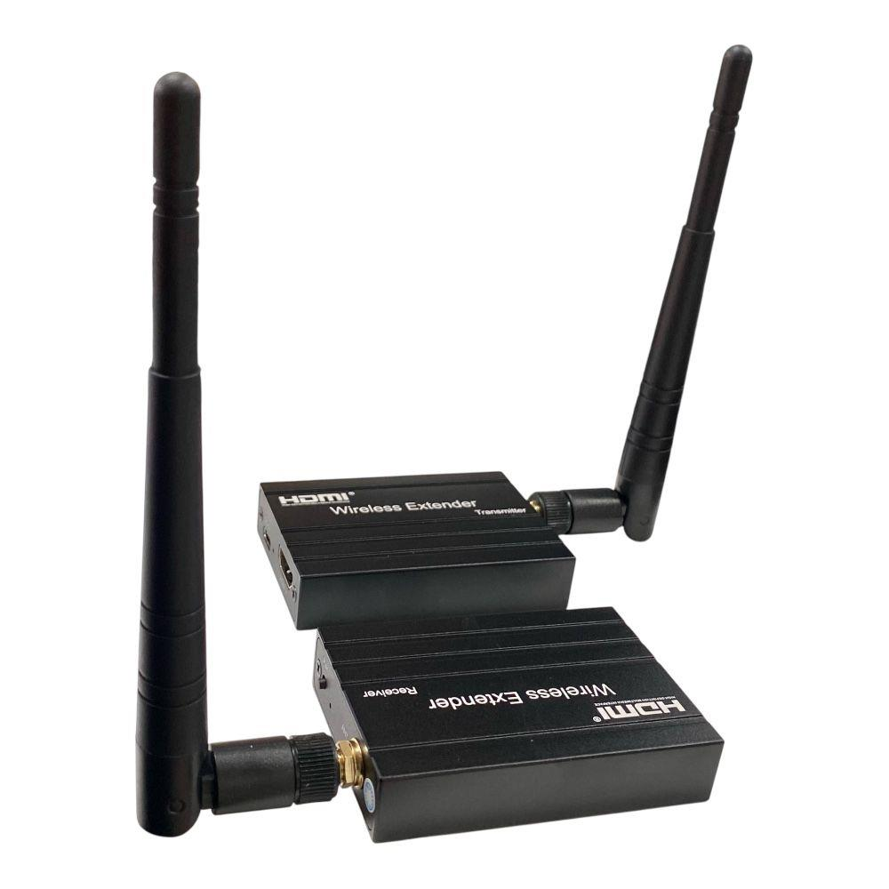 Beyaz arka plan üzerinde antenli iki siyah HDMI Kablosuz Genişletici.