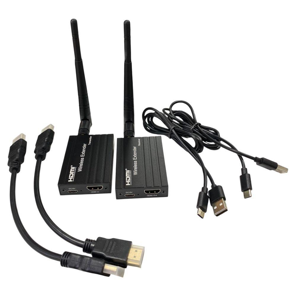 Antenli, kablolu ve HDMI konnektörlü iki siyah HDMI kablosuz genişletici.