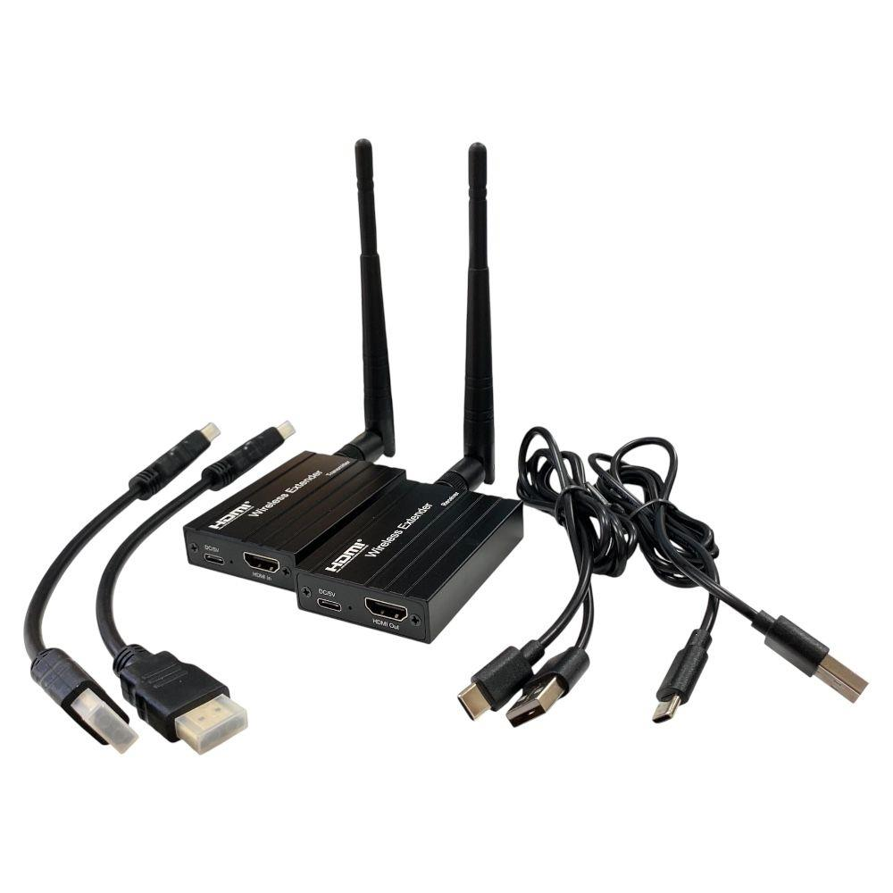 Arkada kablolar ve antenler bulunan iki siyah kablosuz HDMI genişletici.