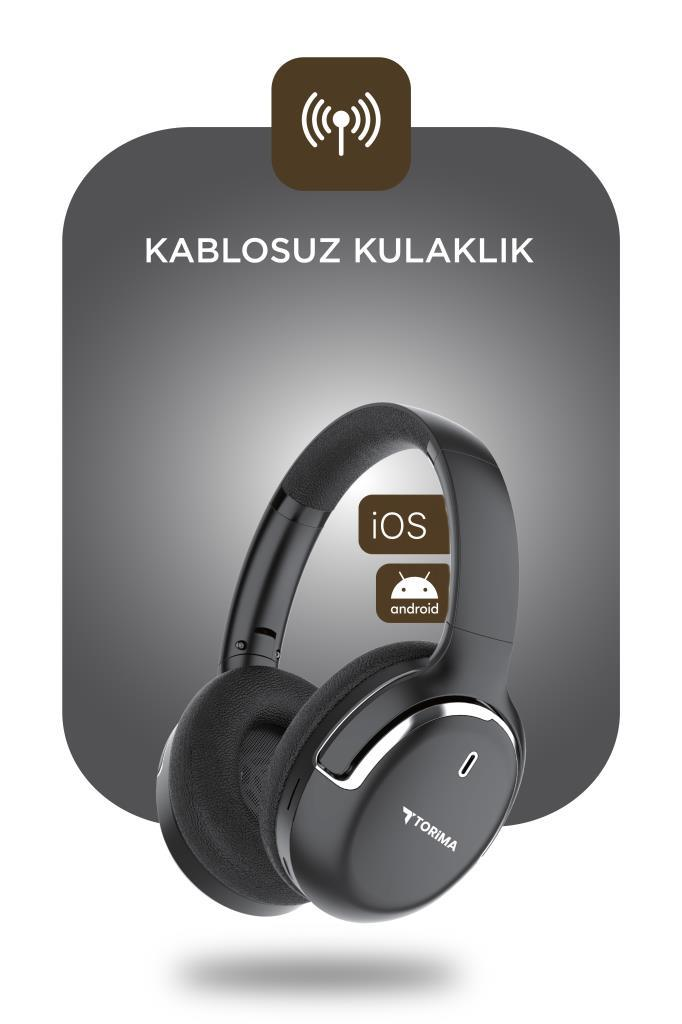 Wi-Fi sembollü, iOS ve Android logolu kablosuz kulaklık.