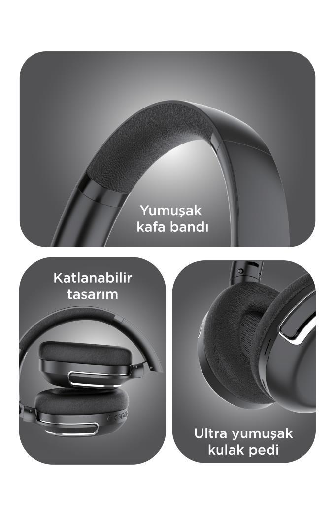 Yumuşak kafa bandı, katlanabilir tasarım ve kulak pedli siyah kulaklık.