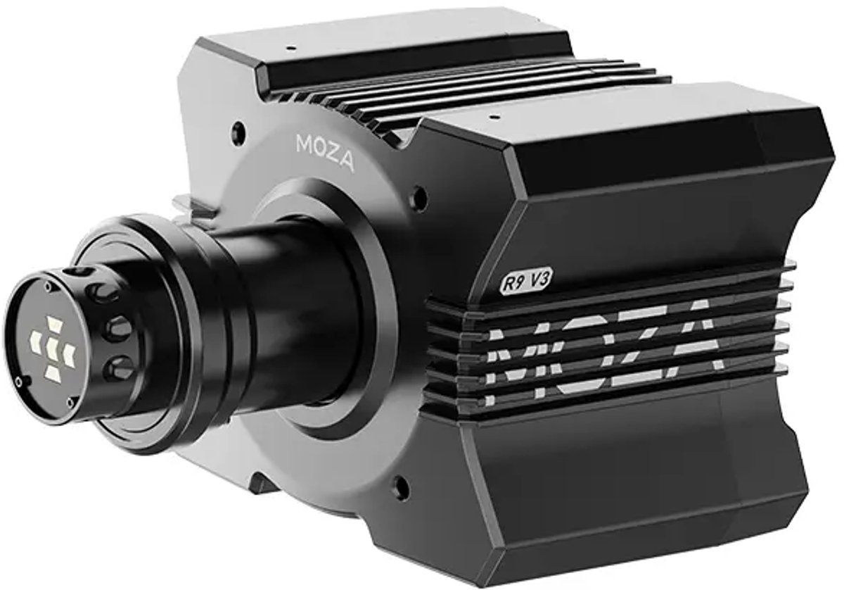 Un motor de volante de carreras MOZA R9 V3 negro con accesorio frontal plateado.