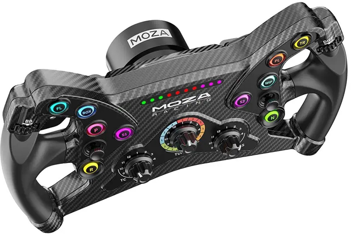 Un volante de carreras negro con botones y diales coloridos, con logo MOZA.