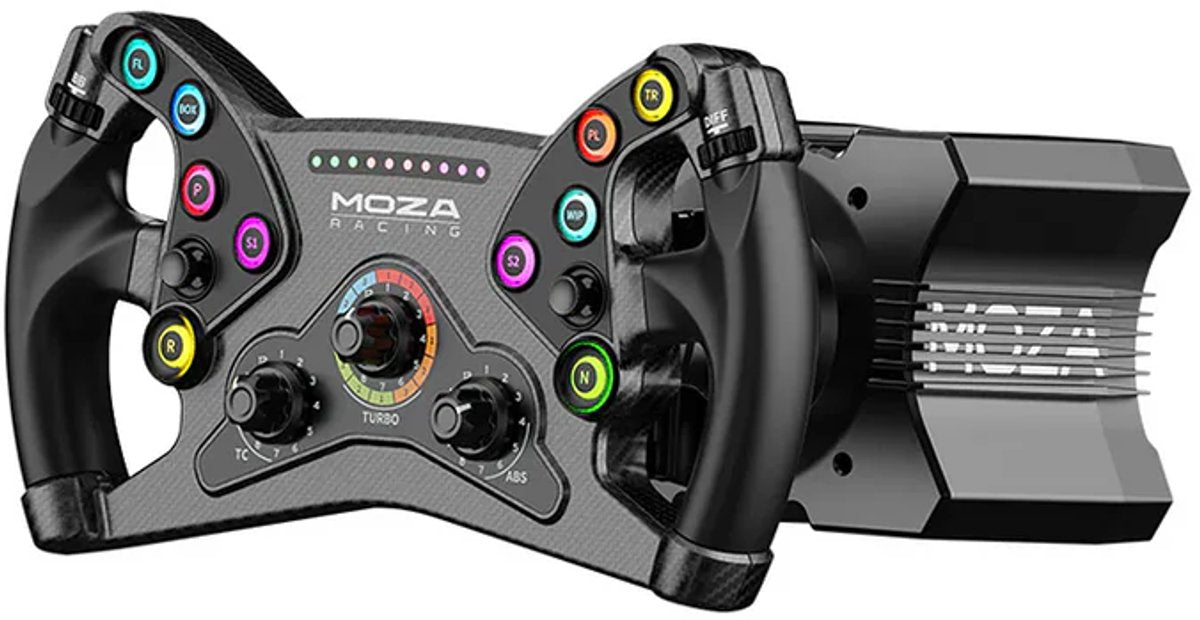 Un volante Moza Racing negro con botones y perillas coloridas.