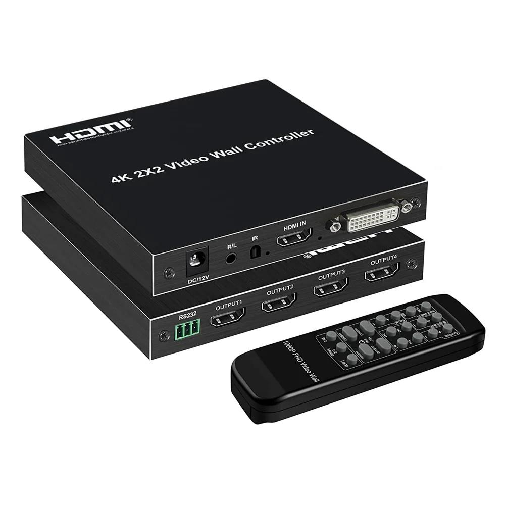 Üst üste dizilmiş iki adet siyah 4K 2x2 video duvar denetleyicisi ve uzaktan kumanda.