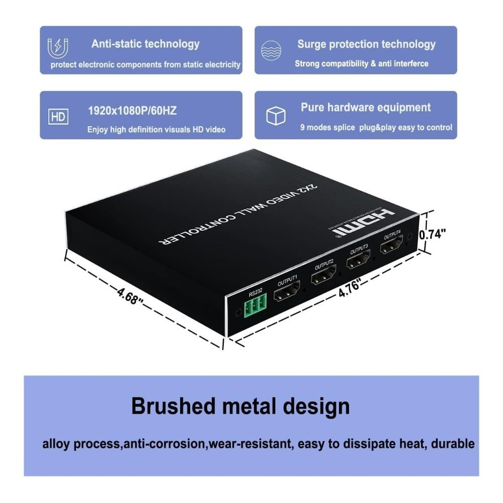 Portları ve etiketleri olan siyah HDMI ayırıcı cihaz, boyutları belirtilmiştir.