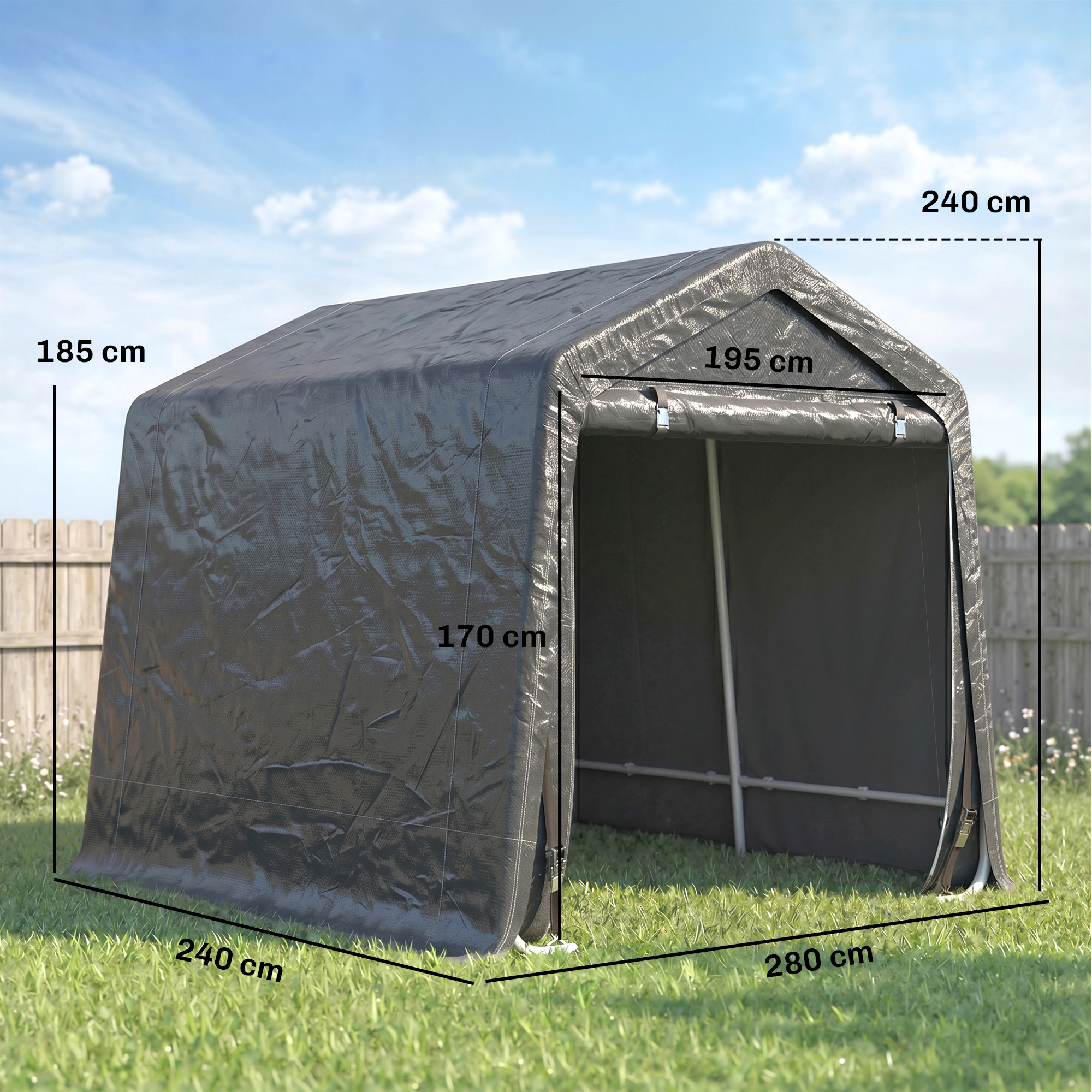 Una tenda nera di 185x240x280 cm su un'area erbosa.