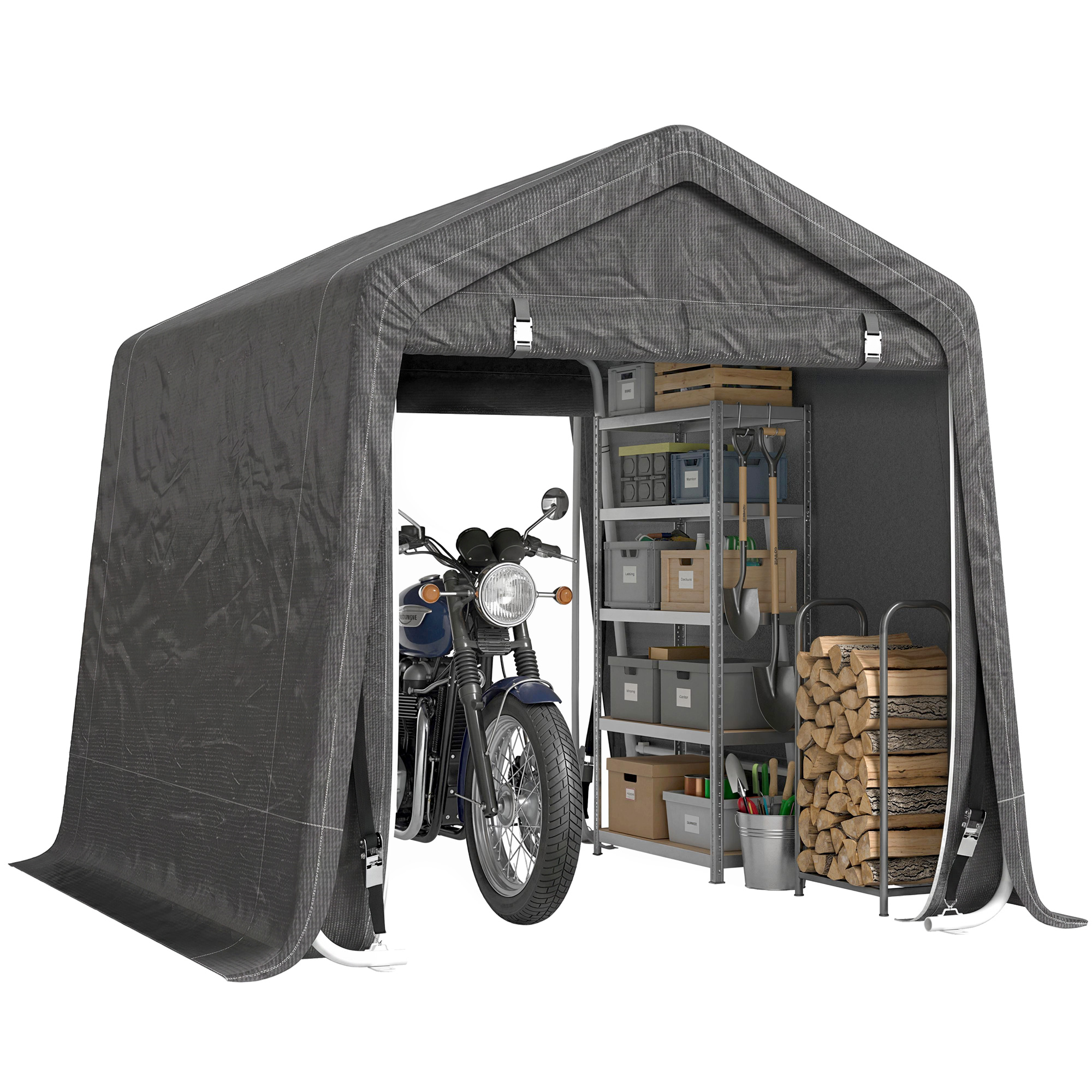 Una moto blu dentro una tenda grigia accanto a scaffali con scatole e legna.