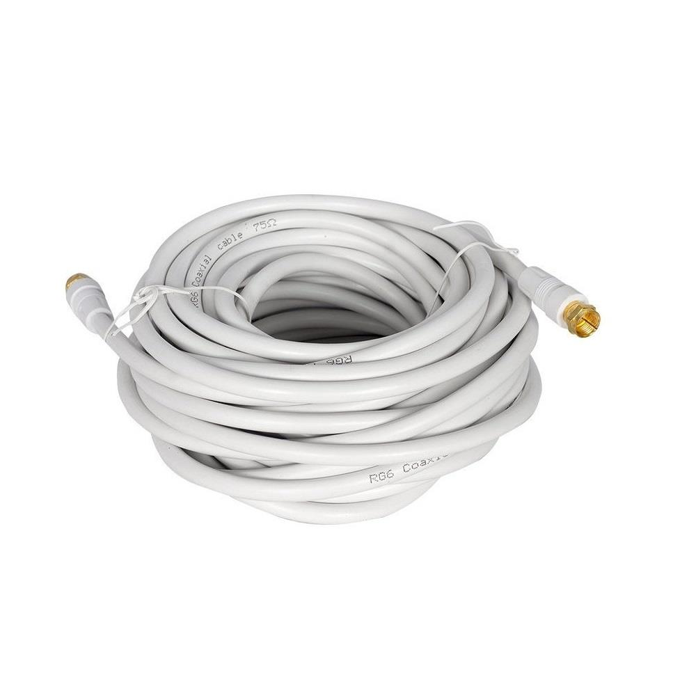 Beyaz RG6 75 Ohm koaksiyel kablo, altın konektörlü olarak sarılmıştır.