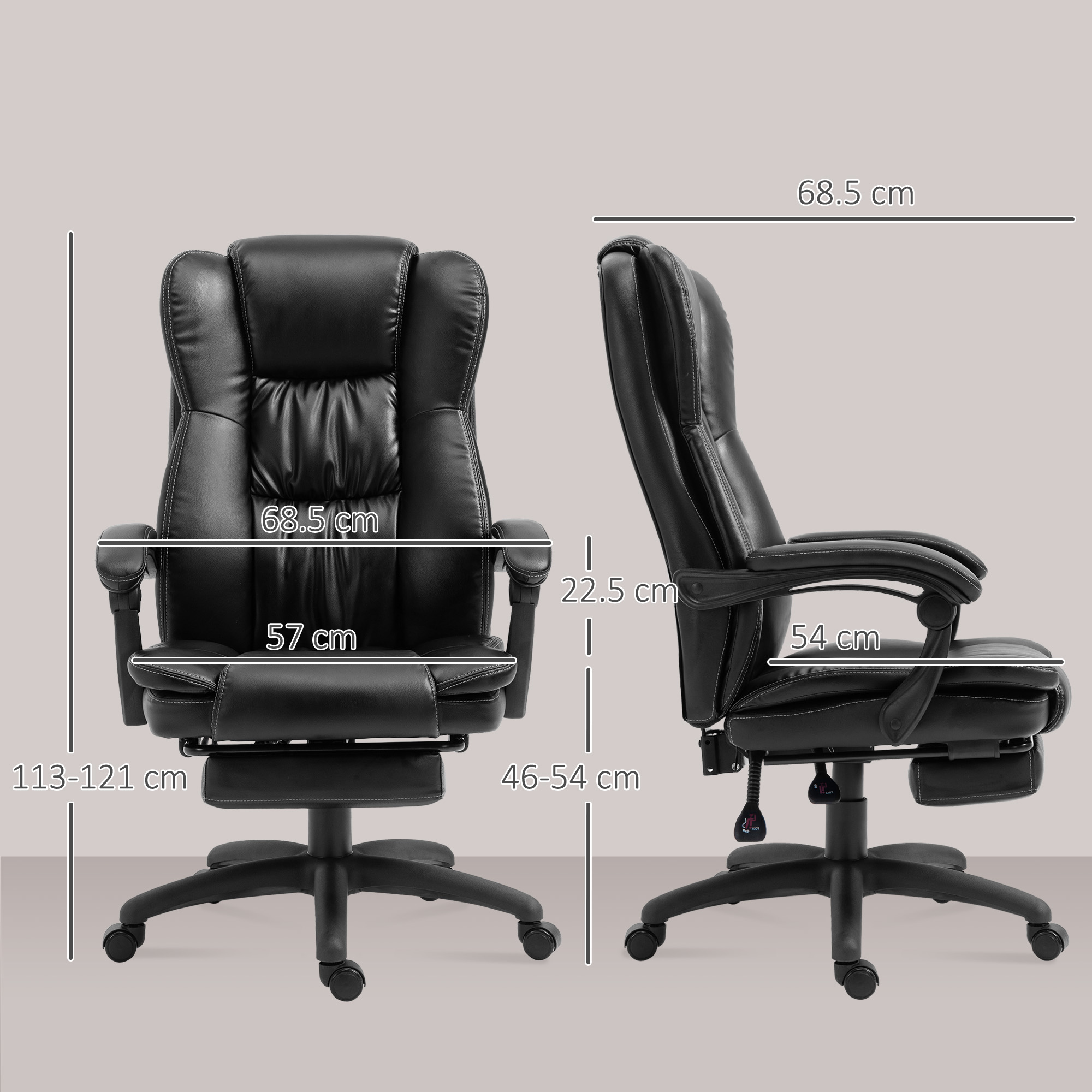 Sedia da ufficio in pelle nera con ruote e dimensioni. Viste frontale e laterale.