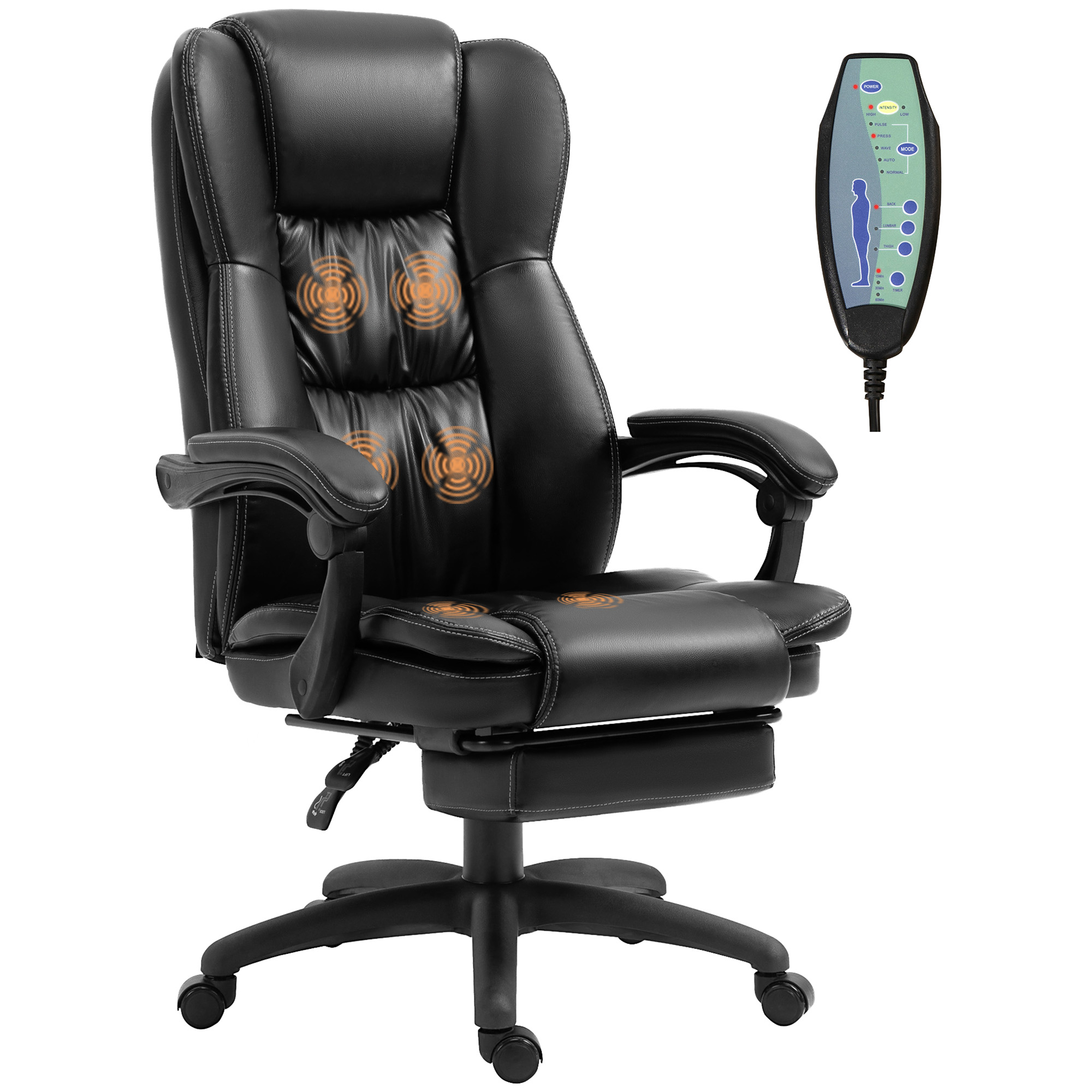 Sedia executive nera con poggiapiedi e funzione massaggio, telecomando.