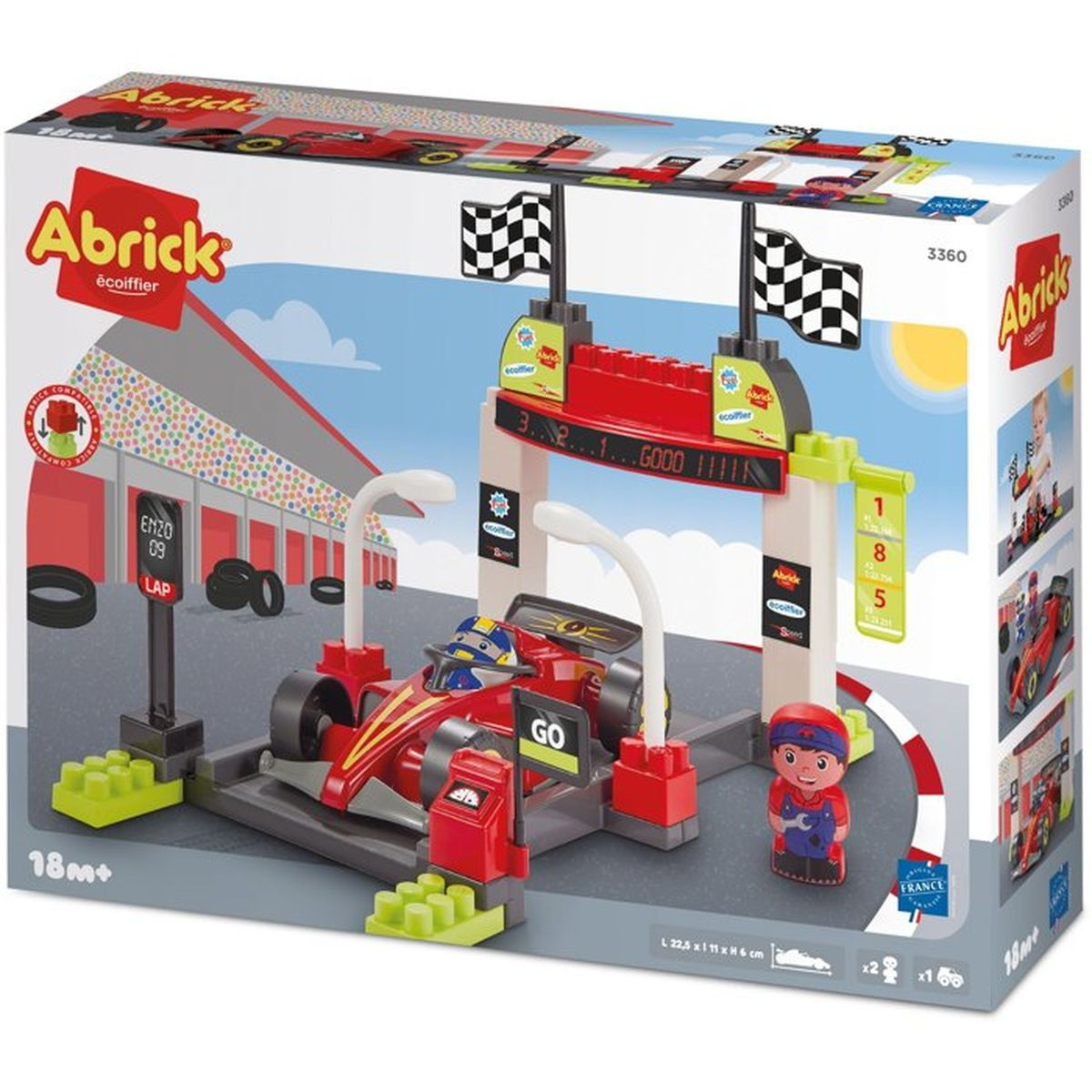 Set di gioco auto da corsa Abrick con box, personaggi e accessori.