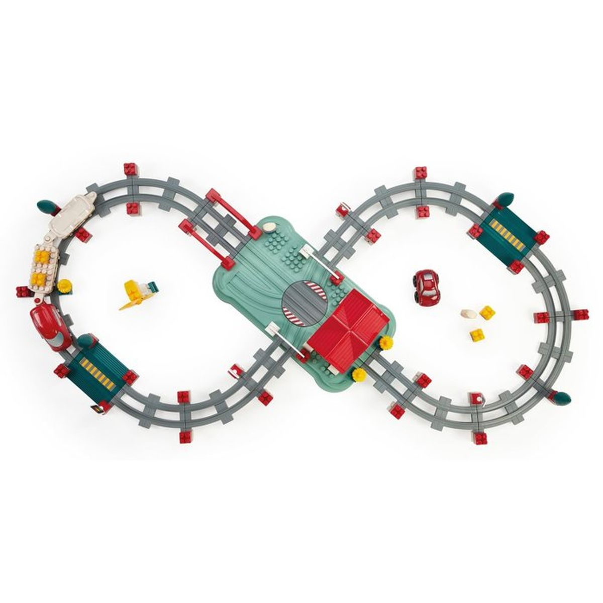 Set trenino con anello infinito, macchinine, aereo e stazioni.