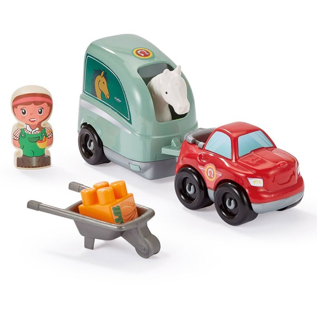 Set fattoria giocattolo con auto rossa, rimorchio verde, cavallo bianco, figura contadino.