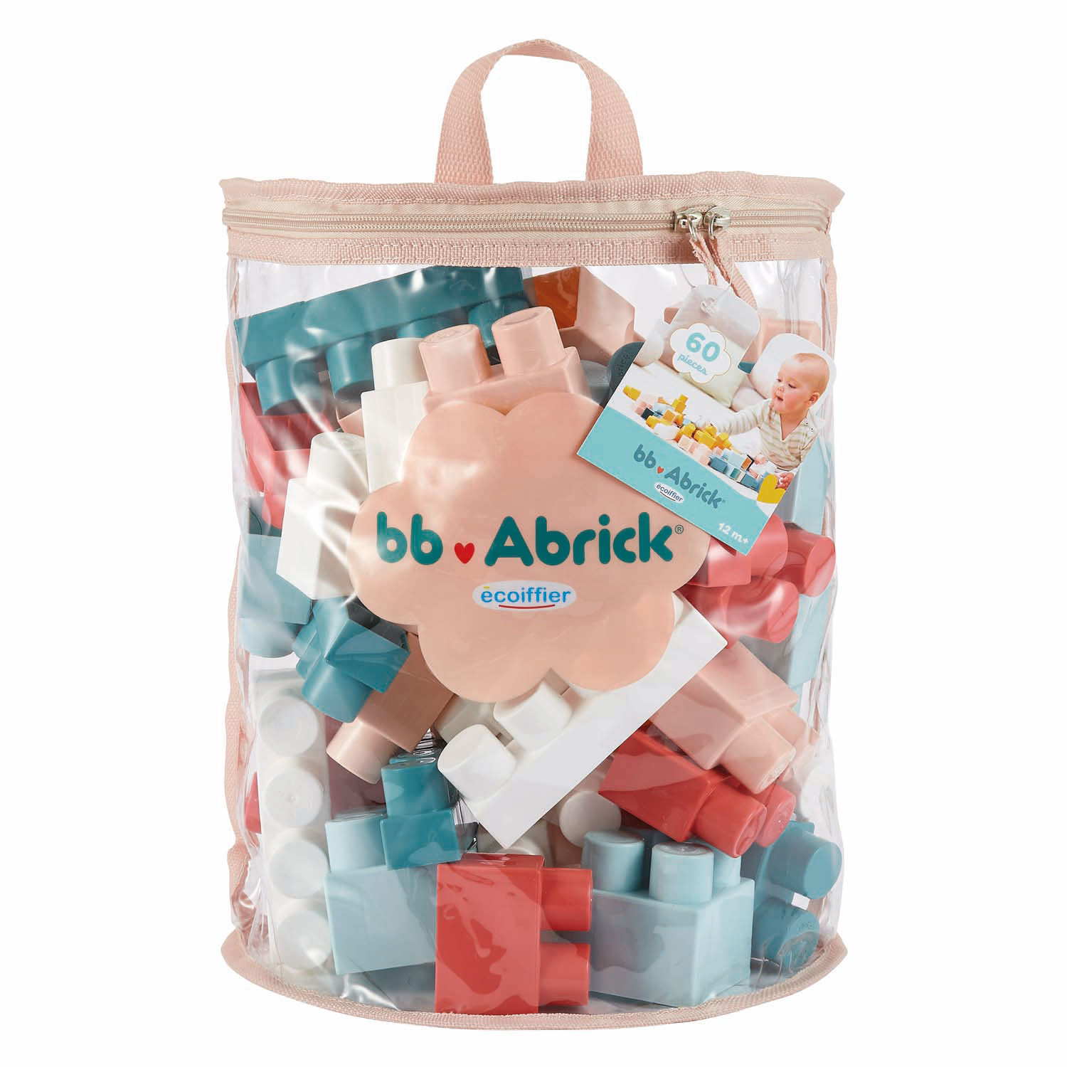 Una borsa piena di blocchi da costruzione colorati nei toni pastello di rosa, blu e bianco.