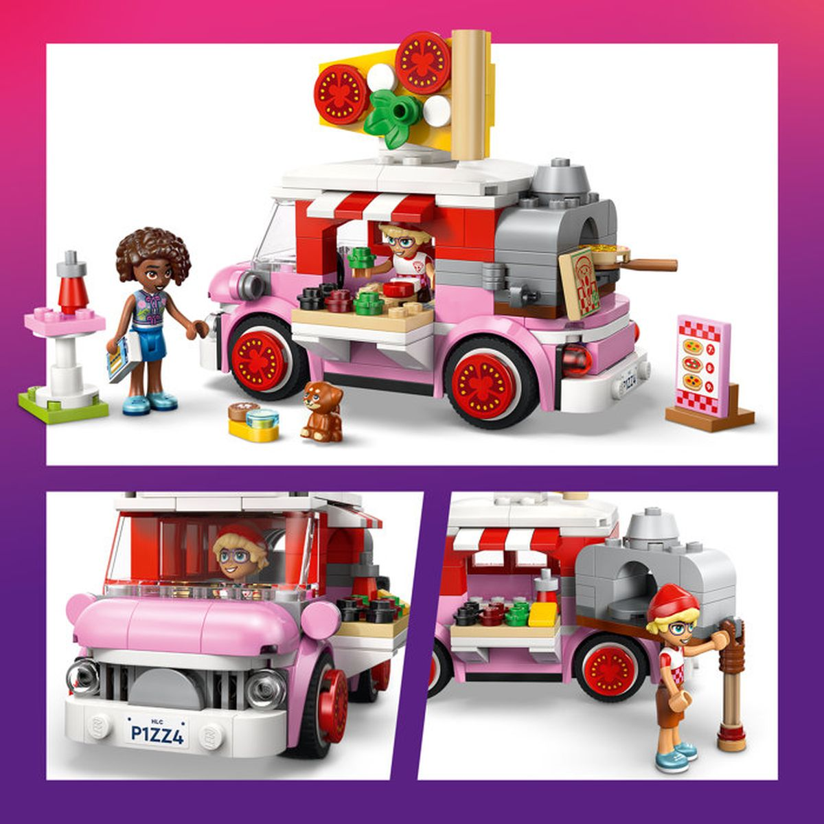 Un camioncino pizza rosa con figure, un cane e accessori, mostrato in dettaglio.