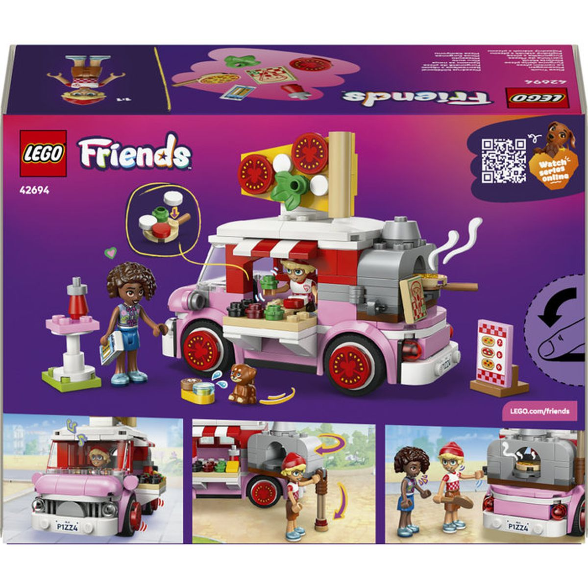 Carretto per pizza LEGO Friends con figure, accessori e scene di gioco.