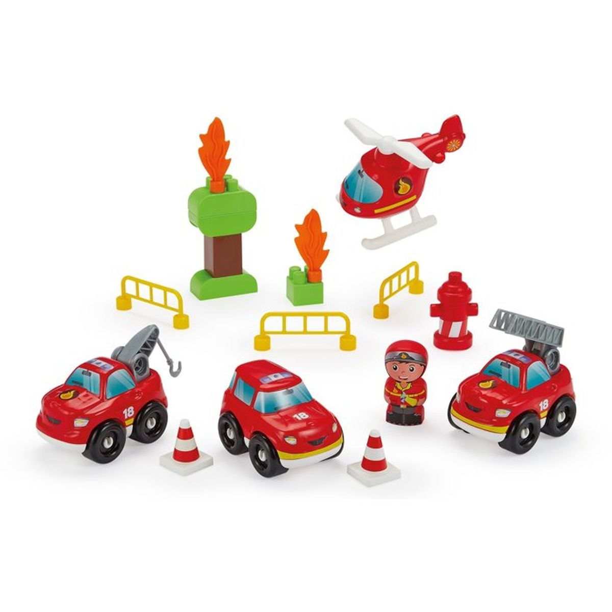 Giocattoli dei pompieri: 2 auto, elicottero, pompiere, idrante, alberi.
