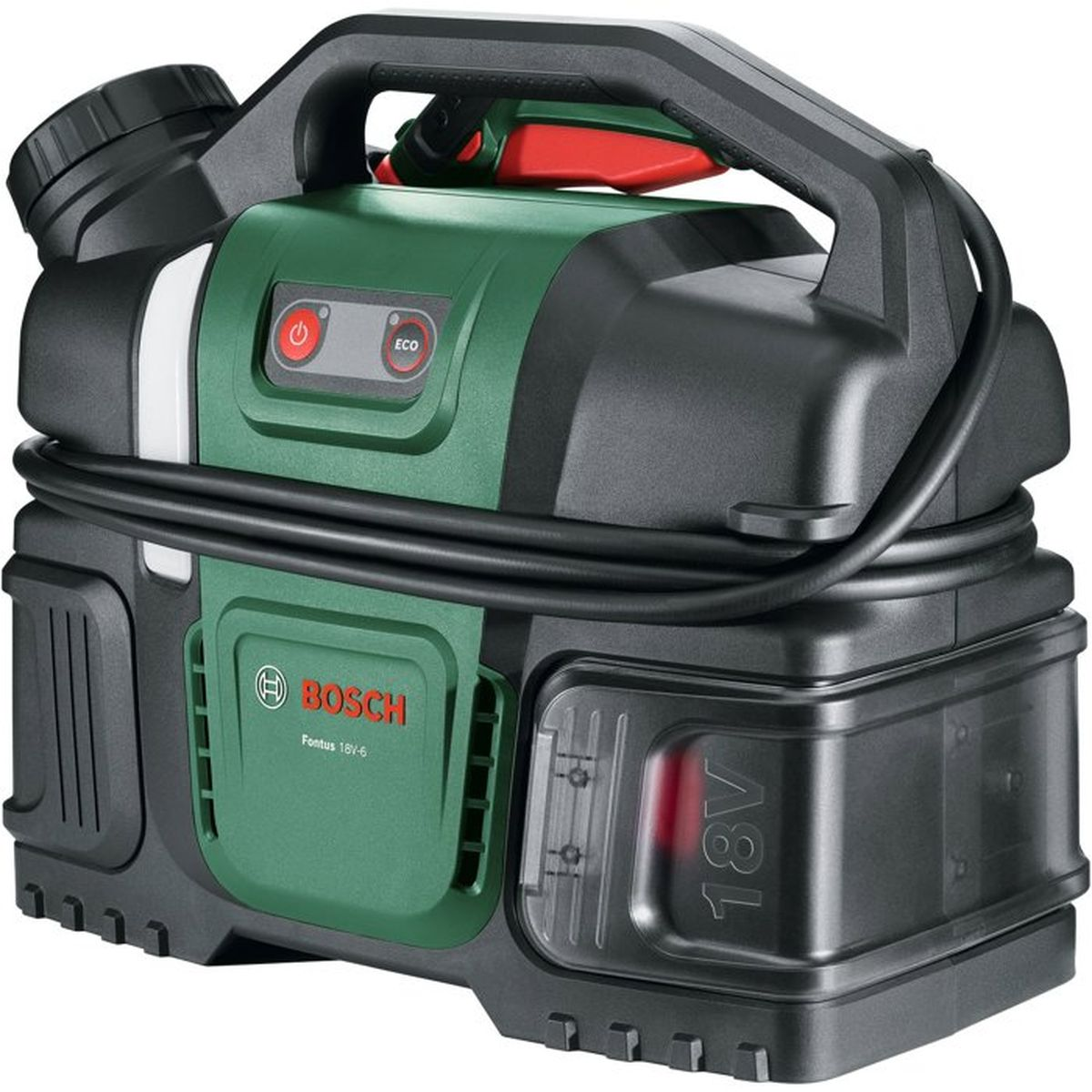 Ein grüner und schwarzer Bosch Fontus 18V-6 Akku-Hochdruckreiniger mit Griff und Kabel.