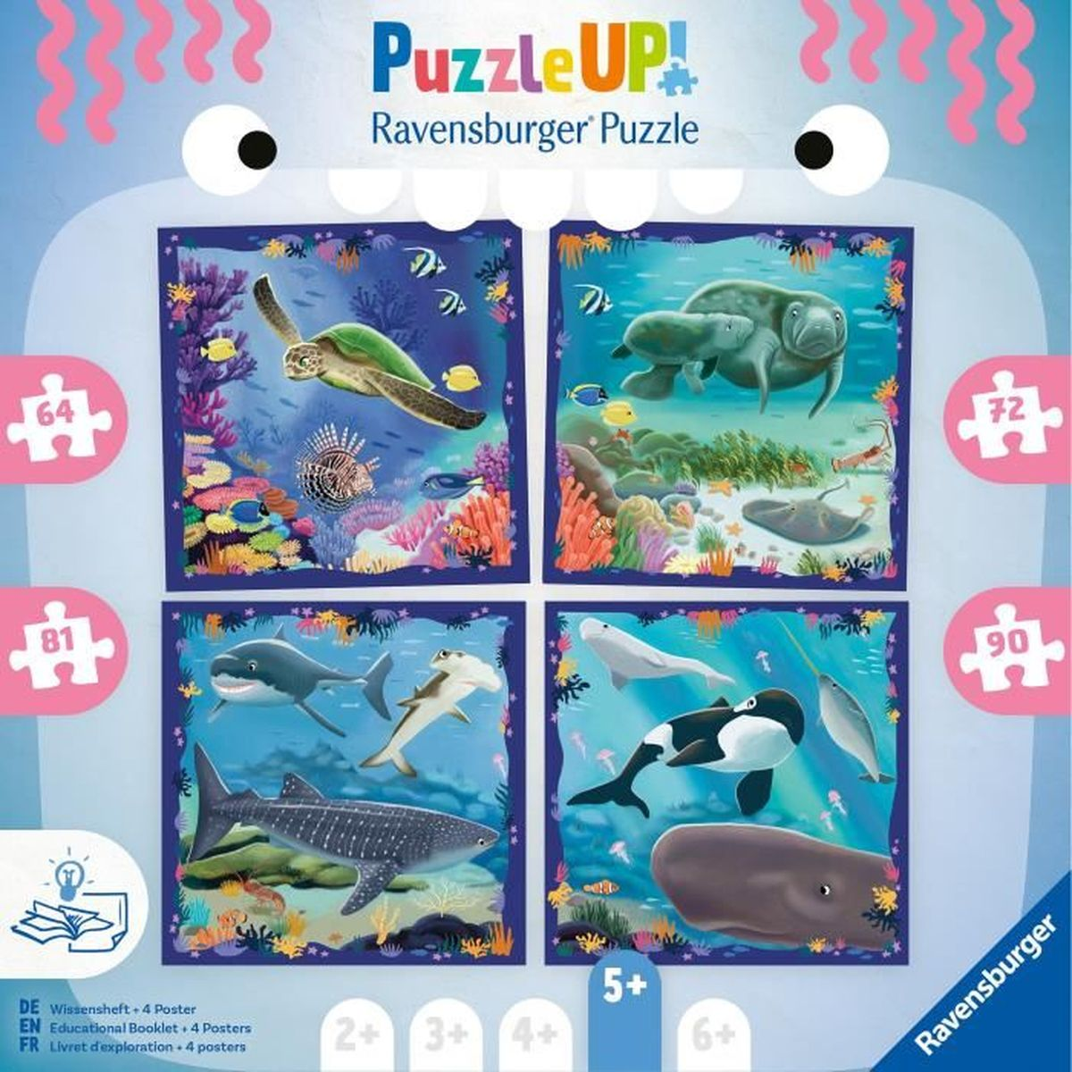 Vier Puzzleteile mit Meeresleben: Schildkröte, Manati, Haie, Delfine, Orca, Wal und Pottwal.