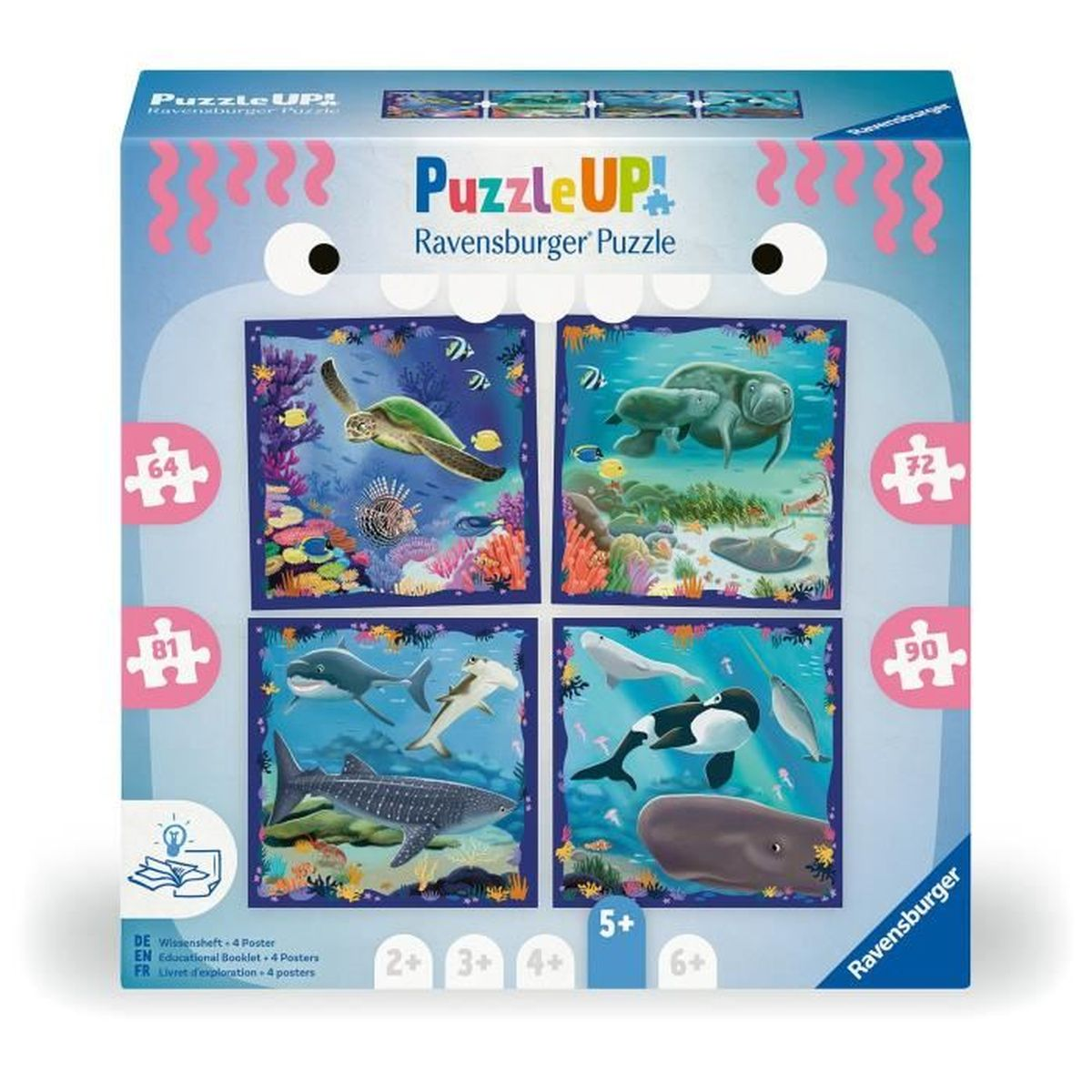 Puzzle-Box mit vier Unterwasser-Szenen: Schildkröte, Seekühe, Haie, Wale.