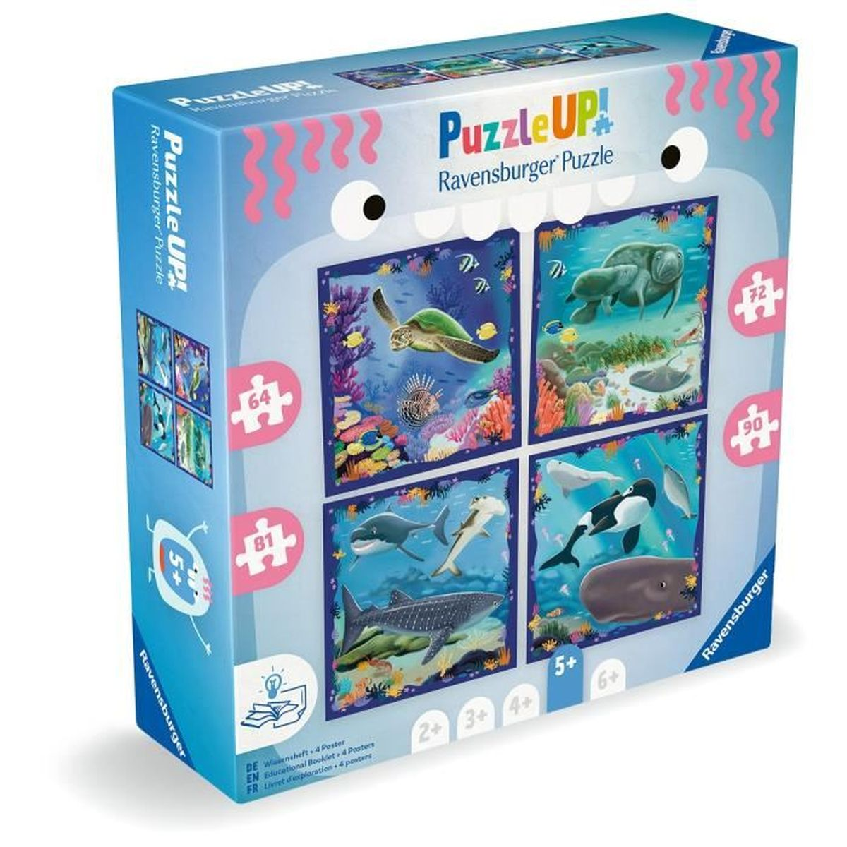 Puzzle-Box mit Unterwasser-Motiven: Schildkröte, Manati, Wale, Haie.