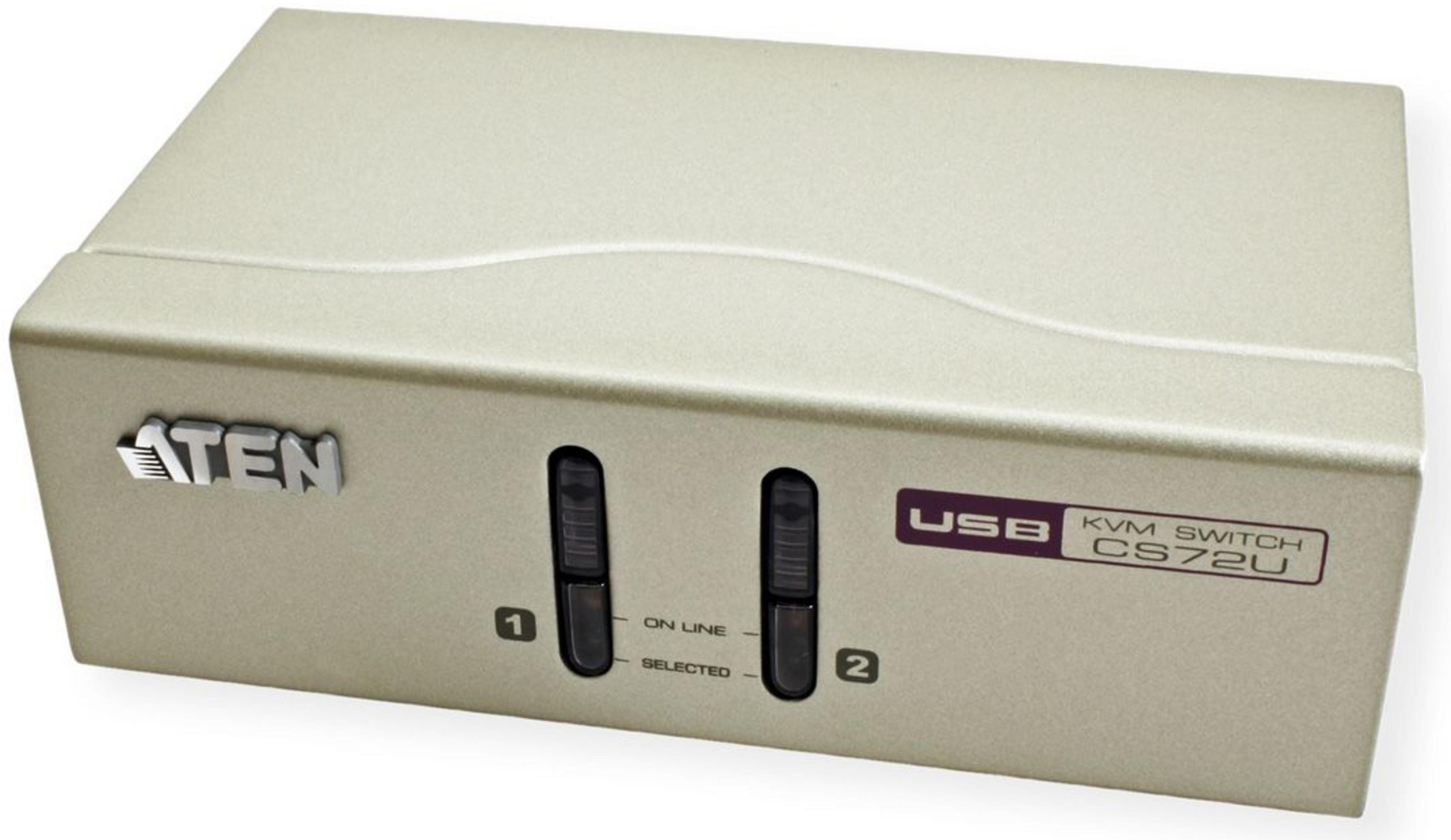 Uno switch KVM USB beige a 2 porte con due selettori ed etichette.