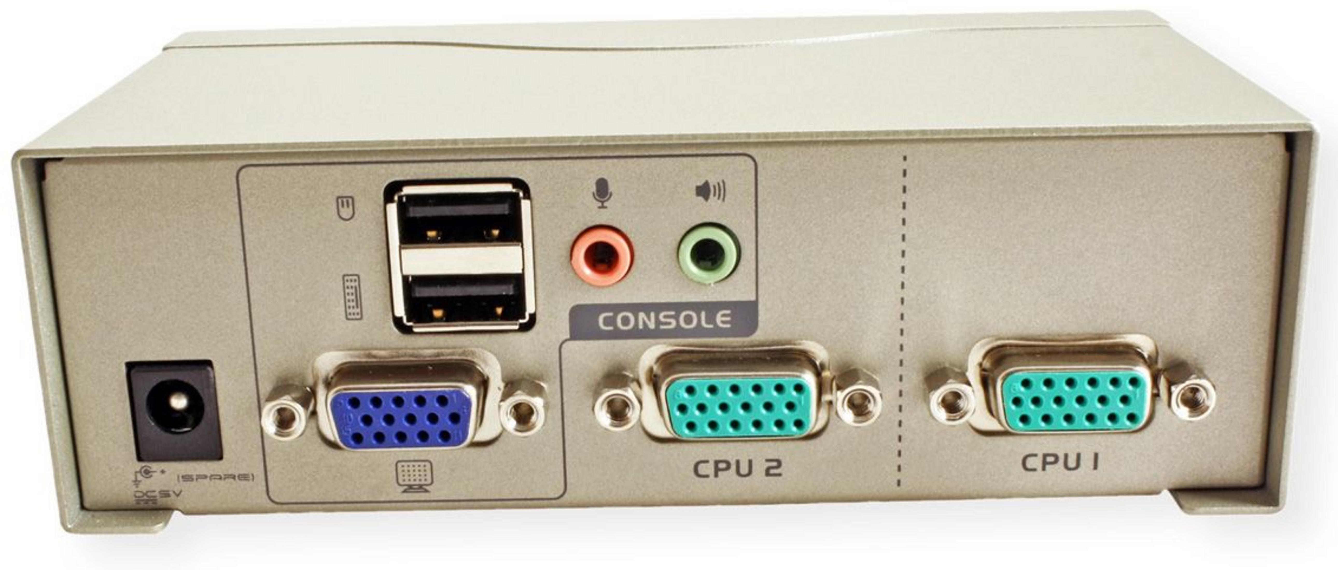 Vista posteriore di uno switch KVM con porte di alimentazione, USB, audio, VGA e CPU.