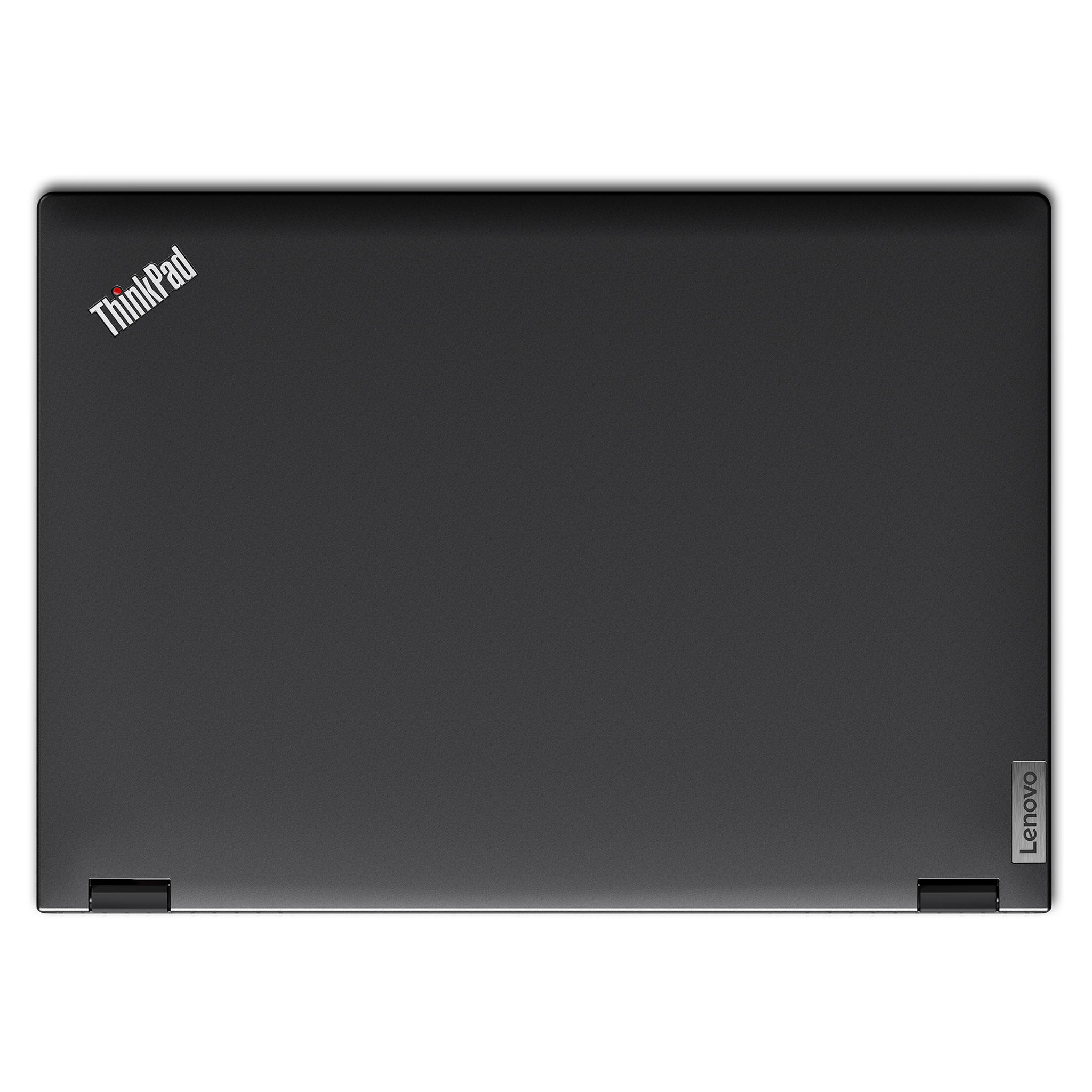 Kapalı siyah Lenovo ThinkPad dizüstü bilgisayar, sol üstte ve sağ altta logo bulunur.