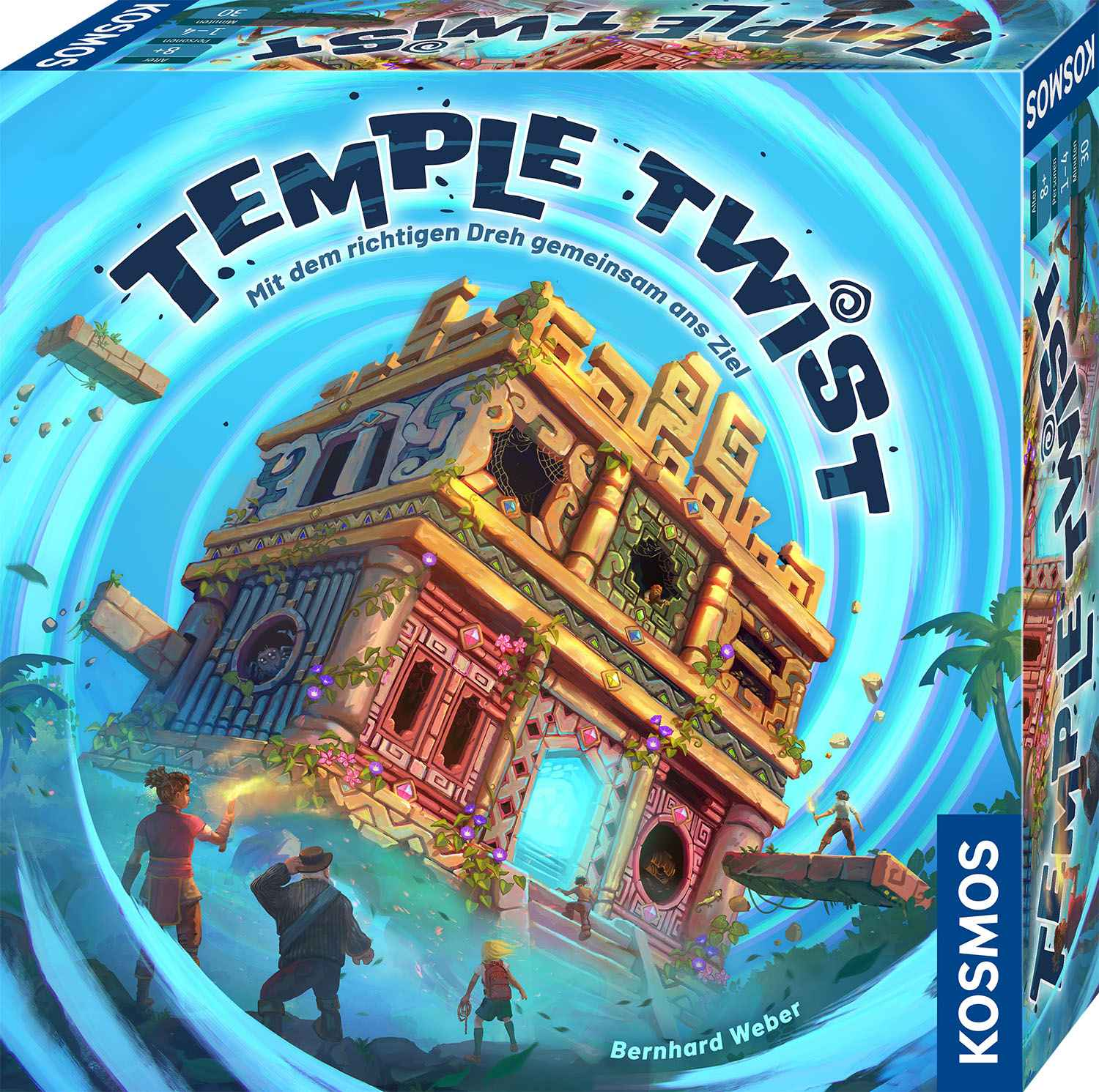 Spielbrett "Temple Twist" von Kosmos mit Tempel, Figuren und Wirbel im Wasser.
