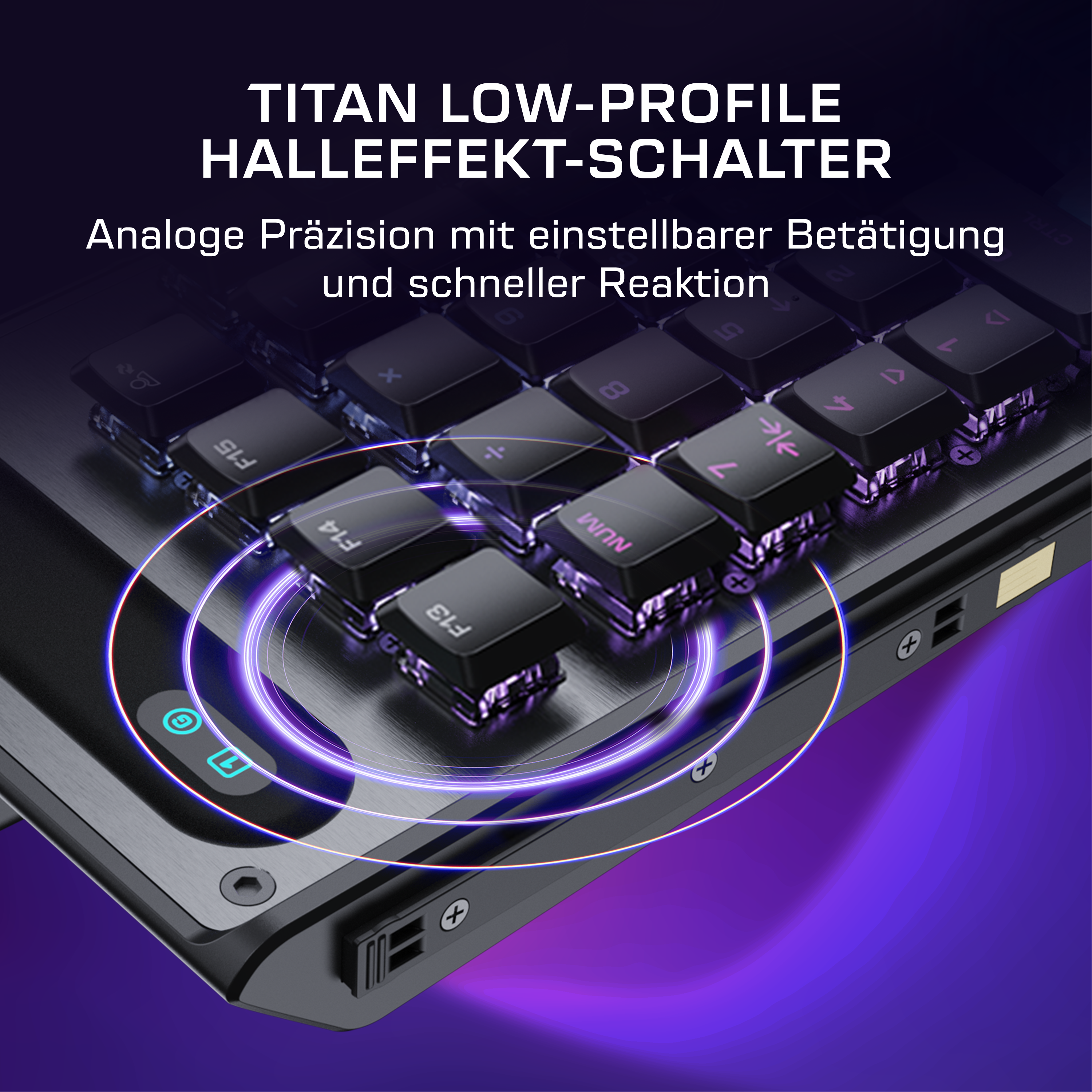 Nahaufnahme einer Tastatur mit beleuchteten Tasten und geometrischen Mustern.