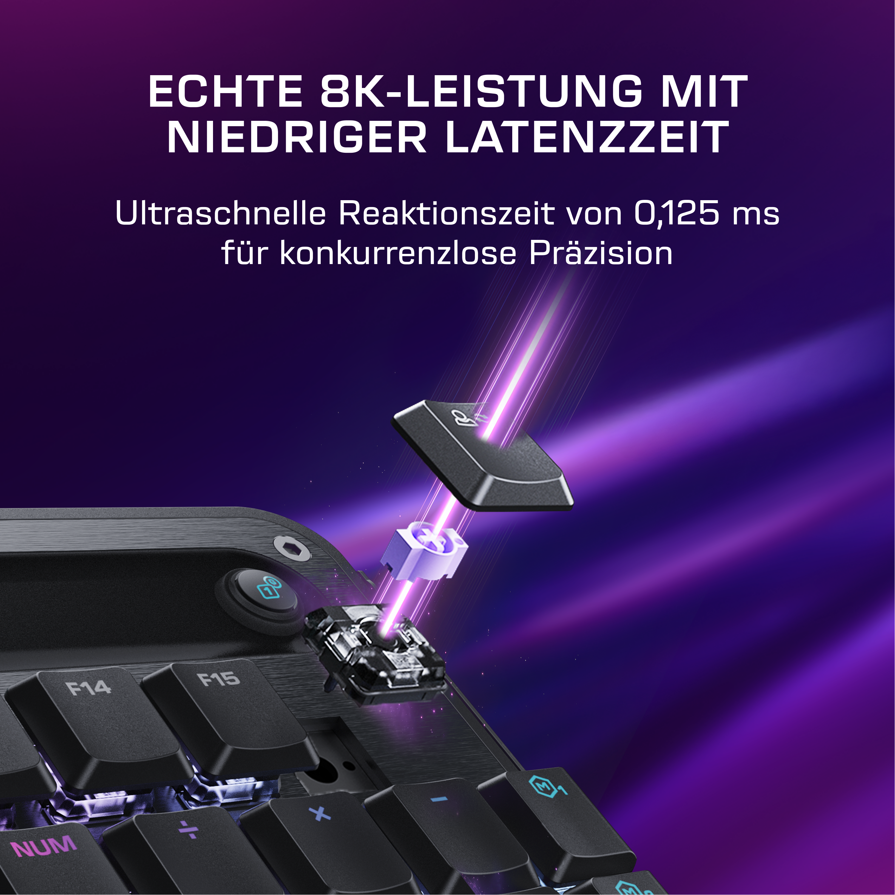 Nahaufnahme einer Tastatur mit entfernte Tastenkappe, die den Schaltermechanismus mit lila Licht zeigt.
