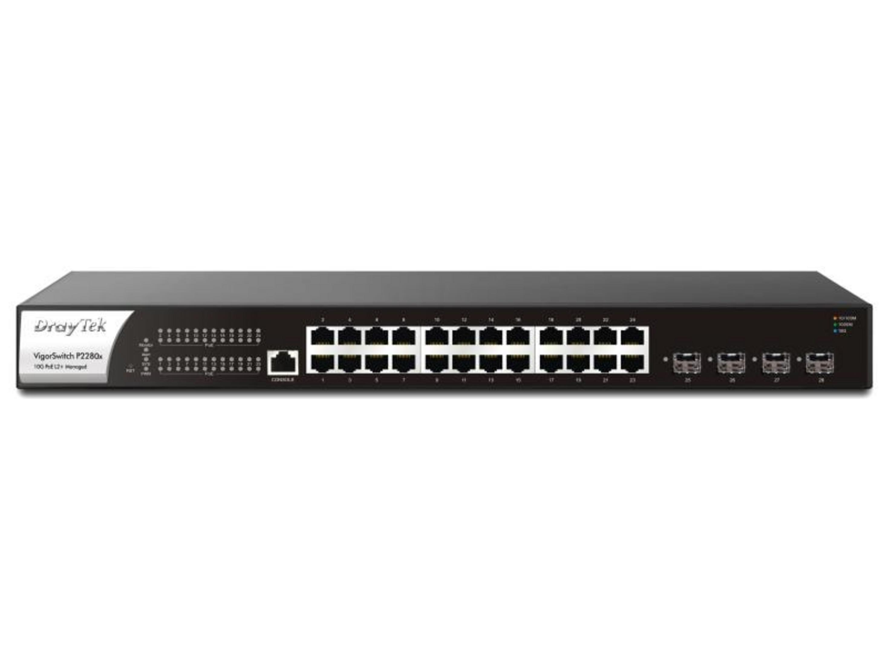 Un DrayTek VigorSwitch P2280x nero con 24 porte Ethernet e 4 porte SFP.