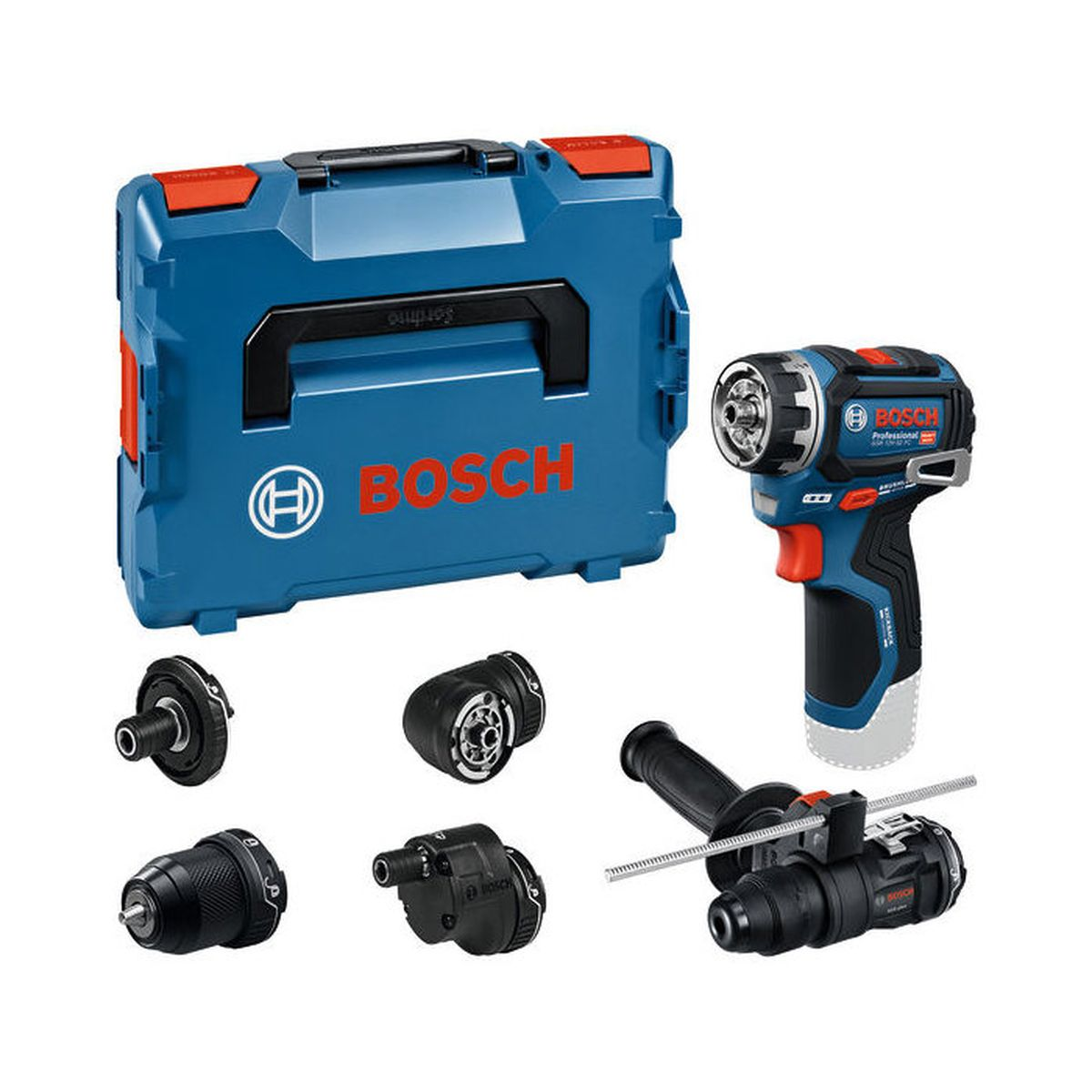 Bosch Werkzeugkasten, Bohrmaschine und Zubehörteile auf weißem Hintergrund.