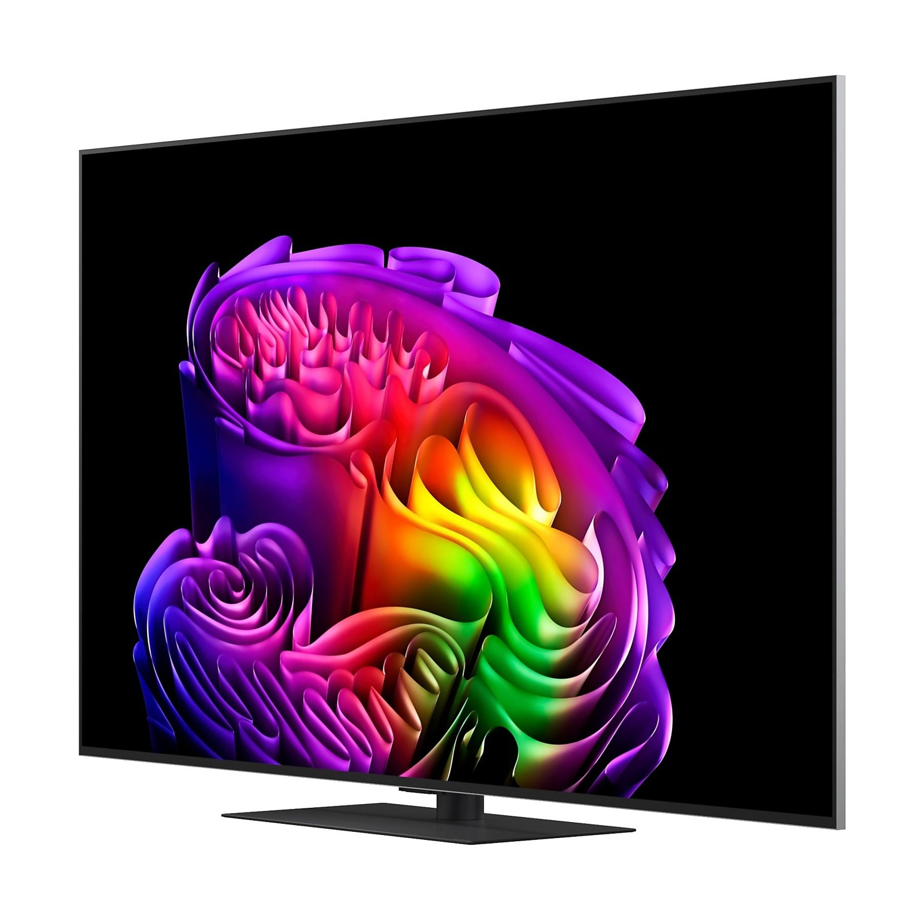 Un'elegante TV nera mostra un'opera d'arte astratta e vibrante nei colori dell'arcobaleno.