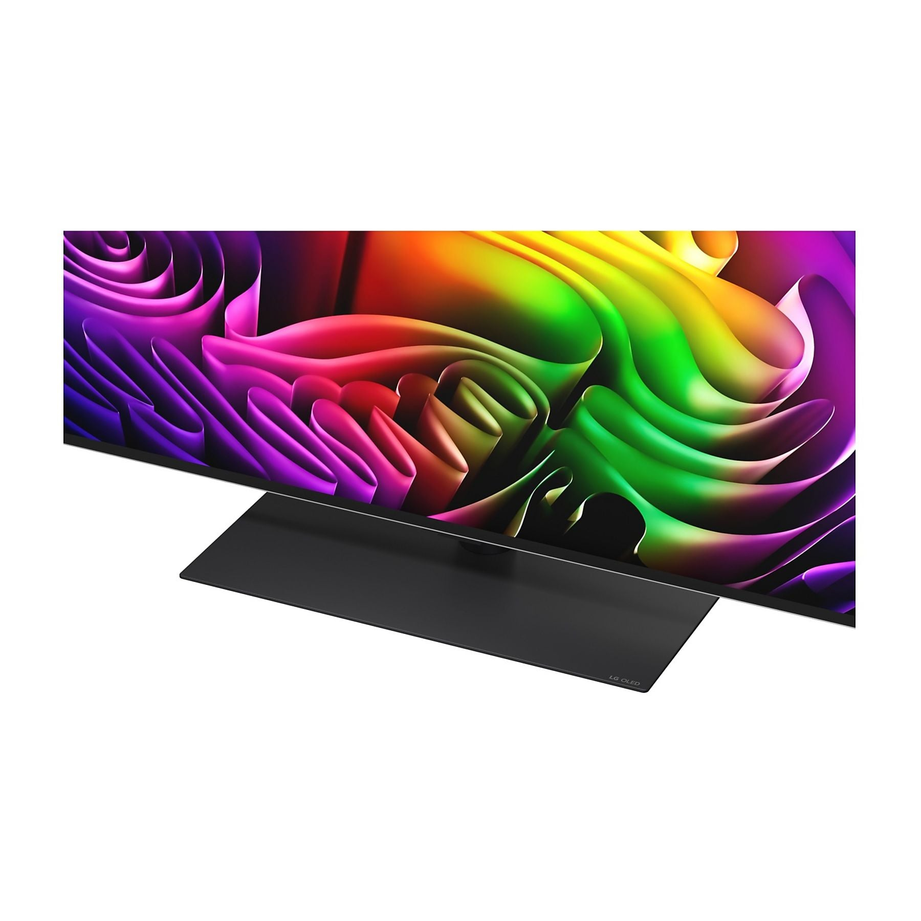Una TV moderna con sfondo astratto e colorato, e base nera.