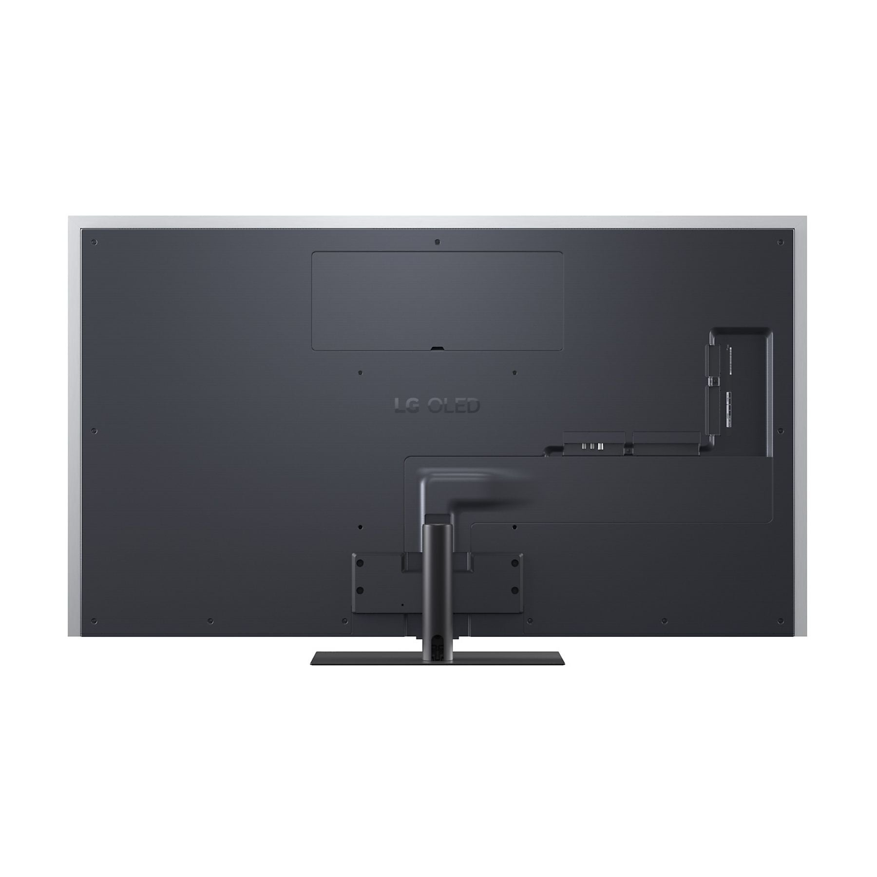 Retro di una TV LG OLED con porte e supporto. Pannello grigio scuro.