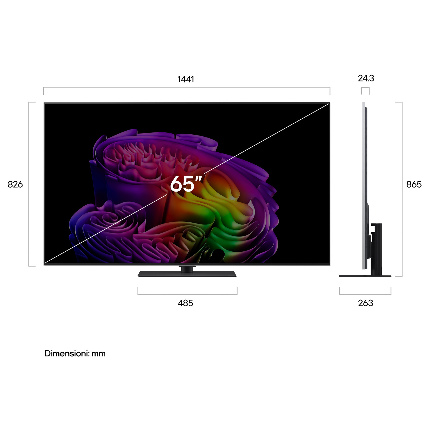 Un TV da 65" che mostra un'immagine astratta colorata. Vengono mostrate le dimensioni.